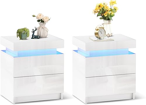 Miniatura 10 de TUKAILAi Mesita de noche moderna con luz LED, 2 cajones de alto brillo, mesita de noche para dormitorio, sala de estar (negro)