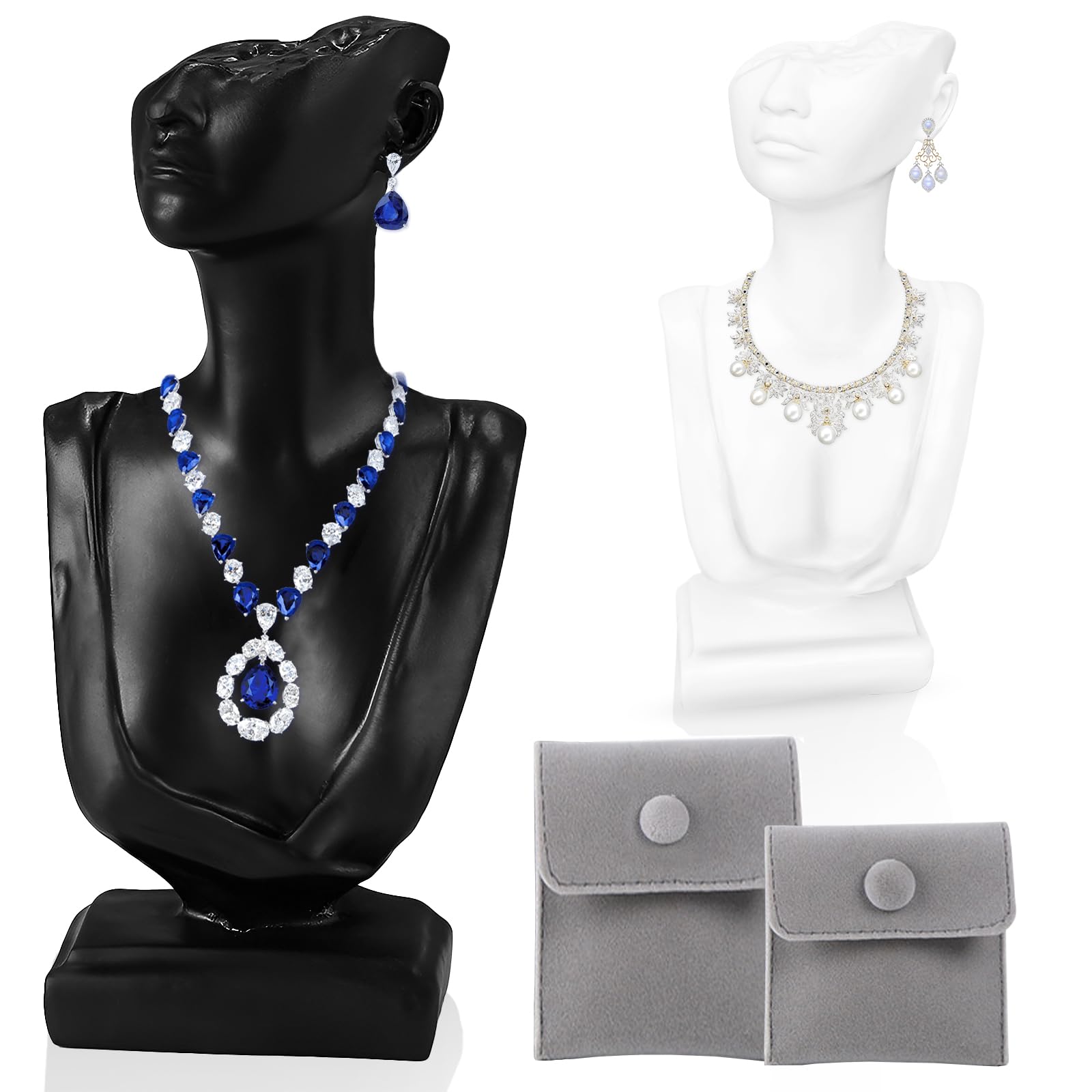 WATUNID 2Pcs Mannequin Jewelry Stand Set with Gray Bags, Jewelry, Pendants, Earrings, Chains and Necklace Display for Selling, Boutique Bust Holder, Details Show, Home Decor