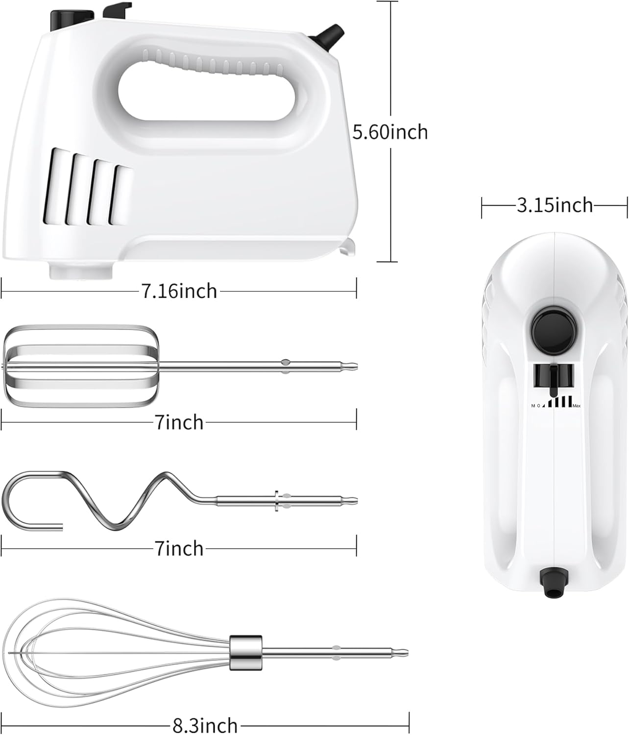 Diagram showing the dimensions of the hand mixer and its attachments