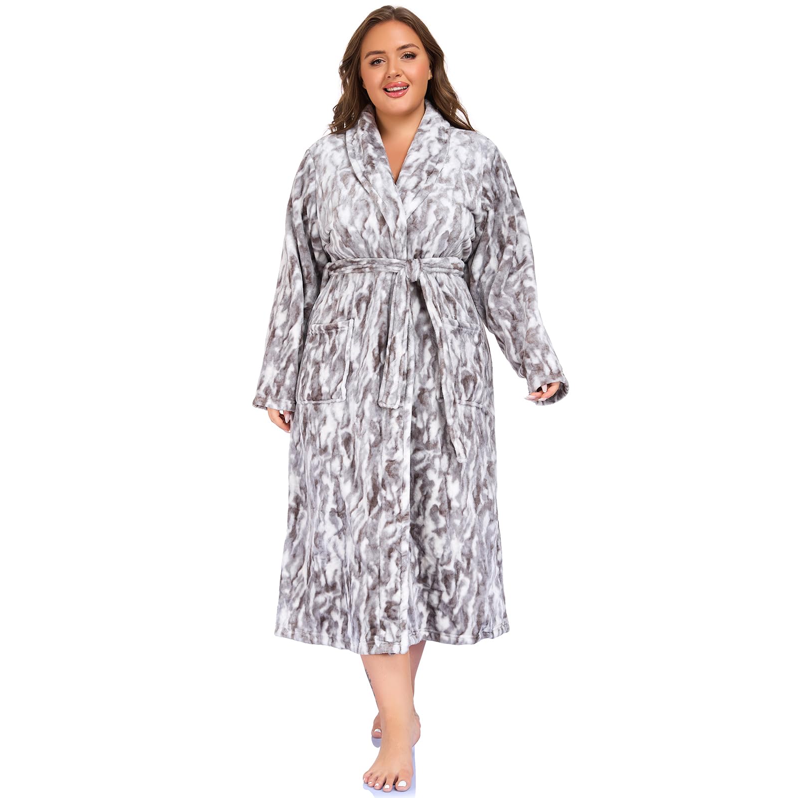 Long Fleece Robes for Women, Rabbit Printed Womens Robe with Belt and Pockets, Warm Soft and Luxury (S, Grey), Small