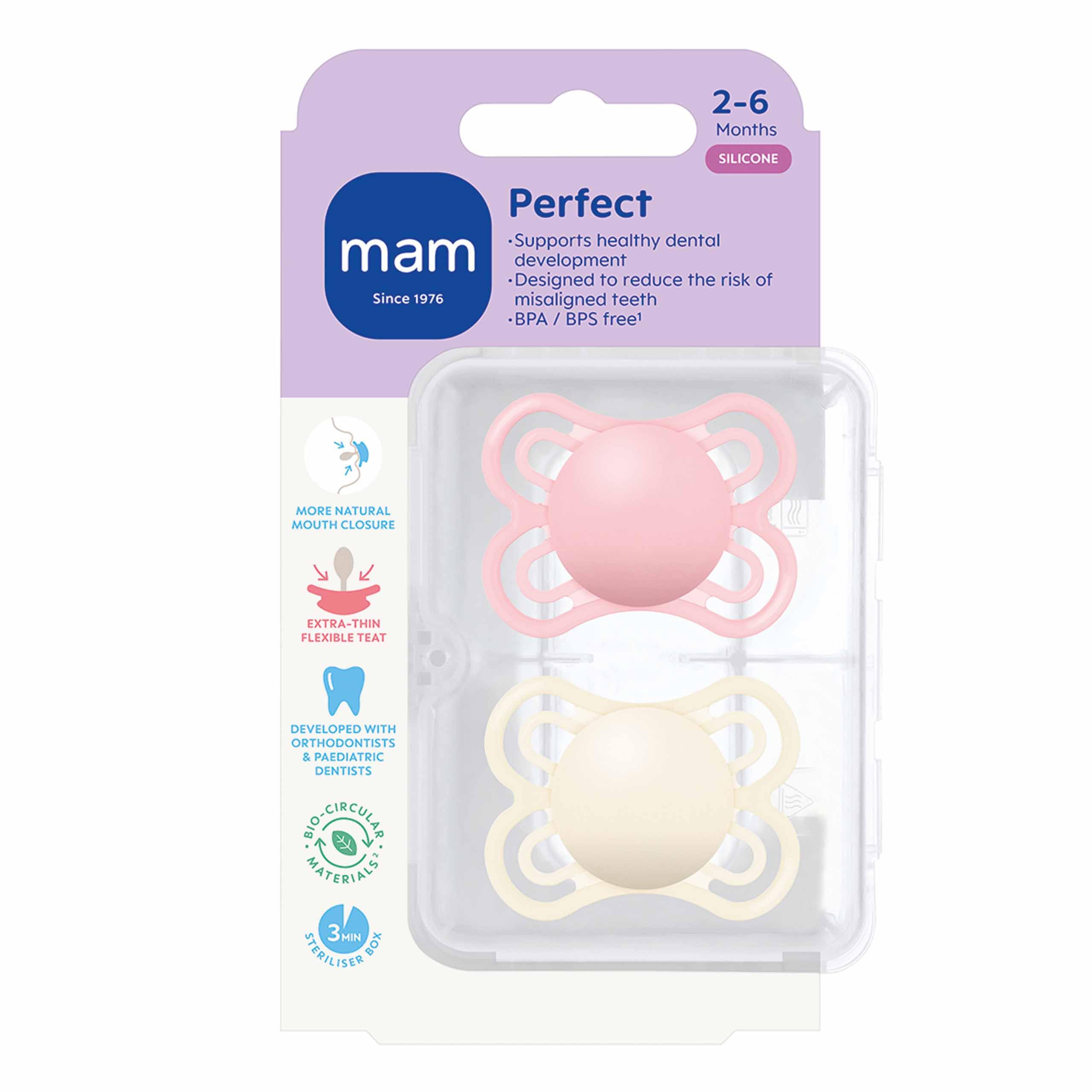 MAM Perfect Lot De 2 Tétines 0-6 Mois Oiseau/Papillon - Silicone Orthodontique Bio-Renouvelable