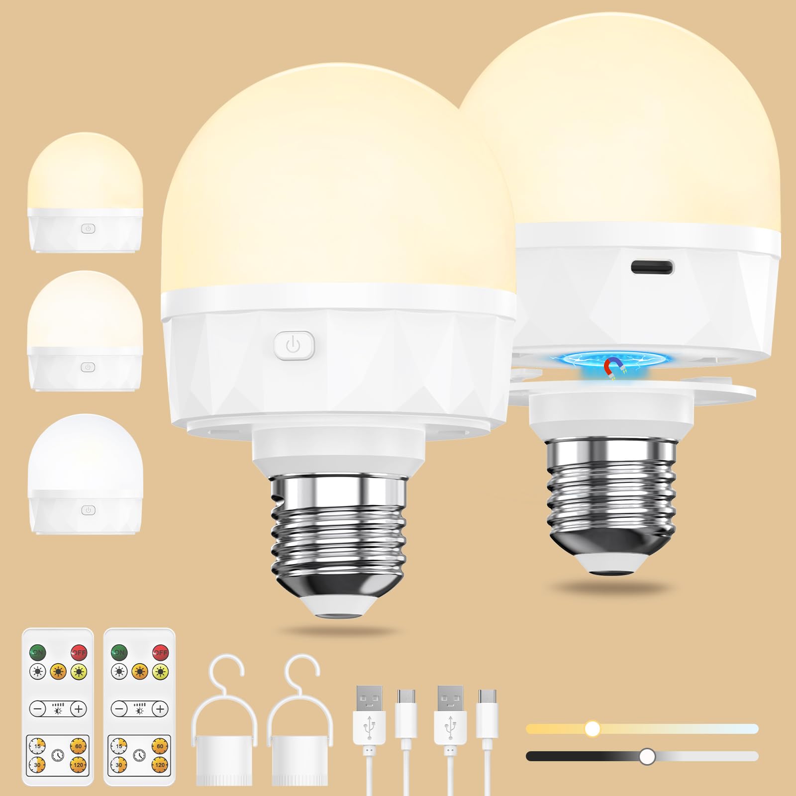 E27 Aufladbare Glühbirne mit Fernbedienung - USB C Wiederaufladbare Led Lampe Akku mit 2200mAh Batterie Magnet Haken, 3 Farben Dimmbar Timer für Outdoor Licht Camping Hängelampe Notlicht, 2 Stück
