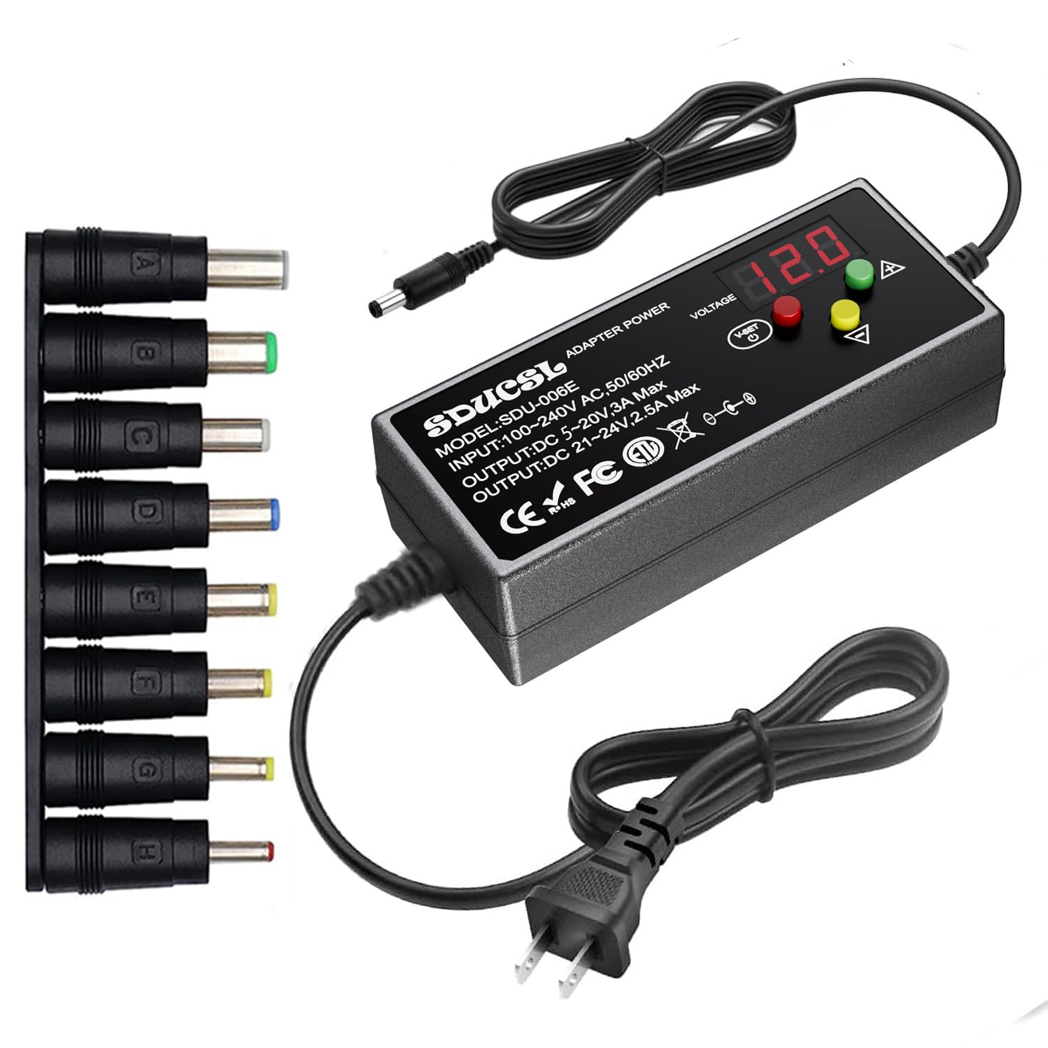 Fuente de alimentación universal CA/CC, adaptador de corriente universal de 5-24 V 60 W con 8 puntas, 100-240 V CA a CC 5 V 9 V 12 V 15 V 18 V 20 V 21 V 24 V 3 A máximo, transformador de fuente de