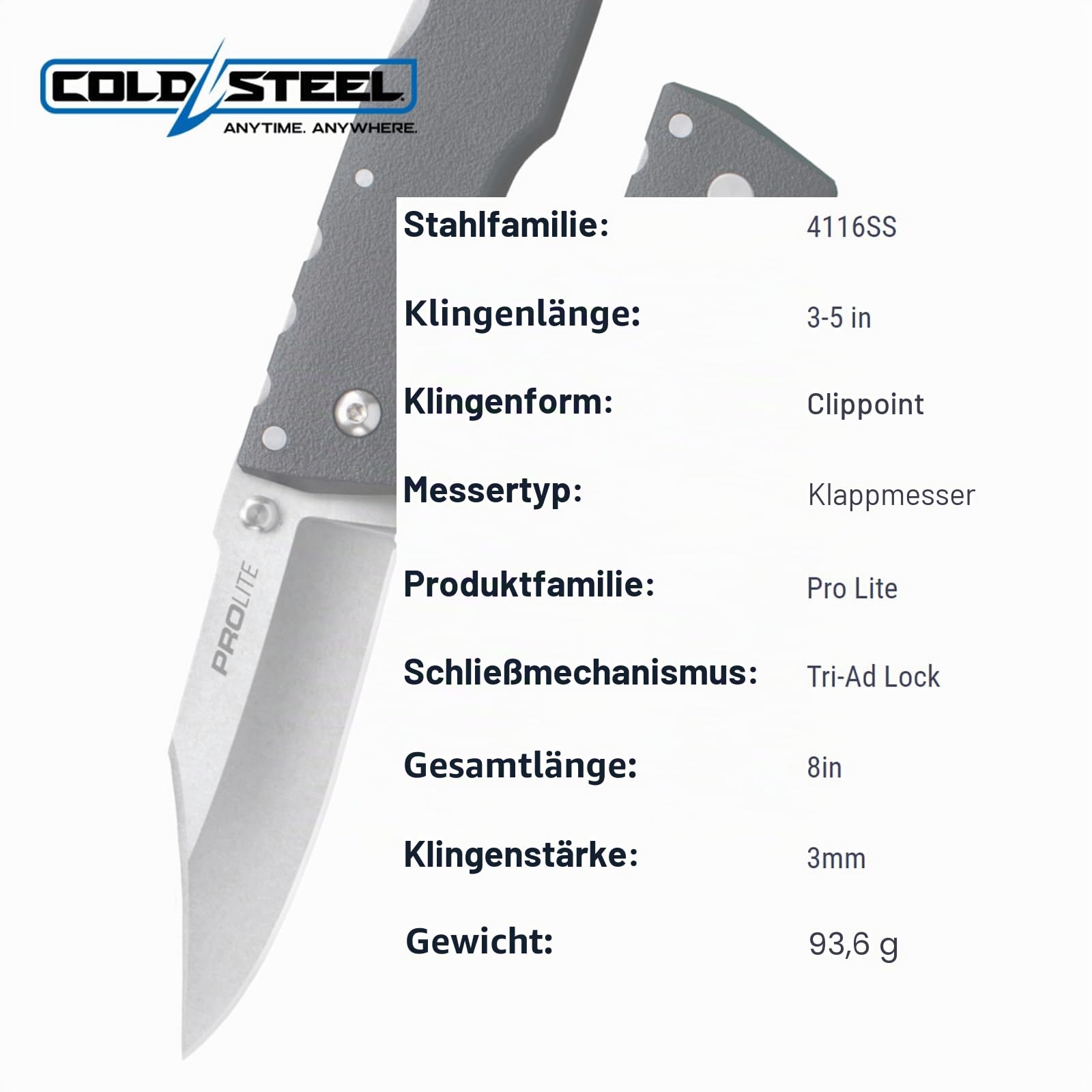 Cold Steel Pro Lite Einhandmesser, Stahl 4116, Tri-Ad Klingensperre, Polymergriff, Fangriemenöse - Messer - Taschenmesser Klappmesser - Clip Point Klinge Klingenlänge 8,9cm