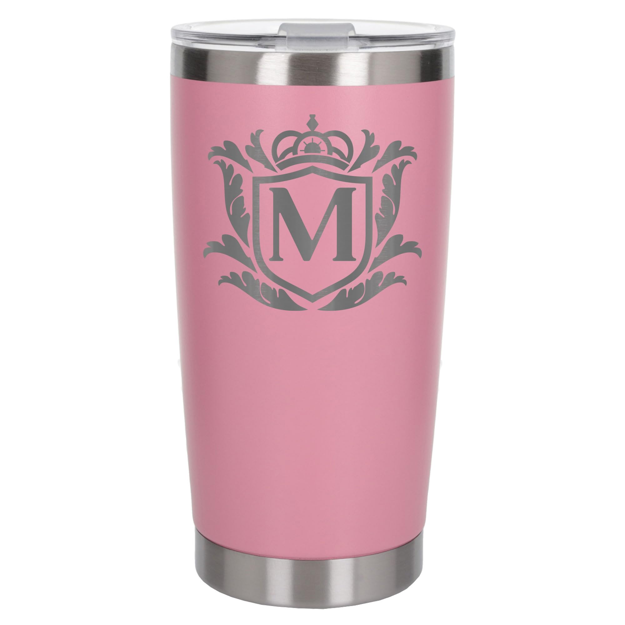 Customised Gifts 500ml Engraved Shield Initial Monogram Insulated Personalised Light Pink Travel Mug for Men and Women - Personalised Initial Coffee Travel Mug for Hot and Cold Beverages, Letter M — image 1
