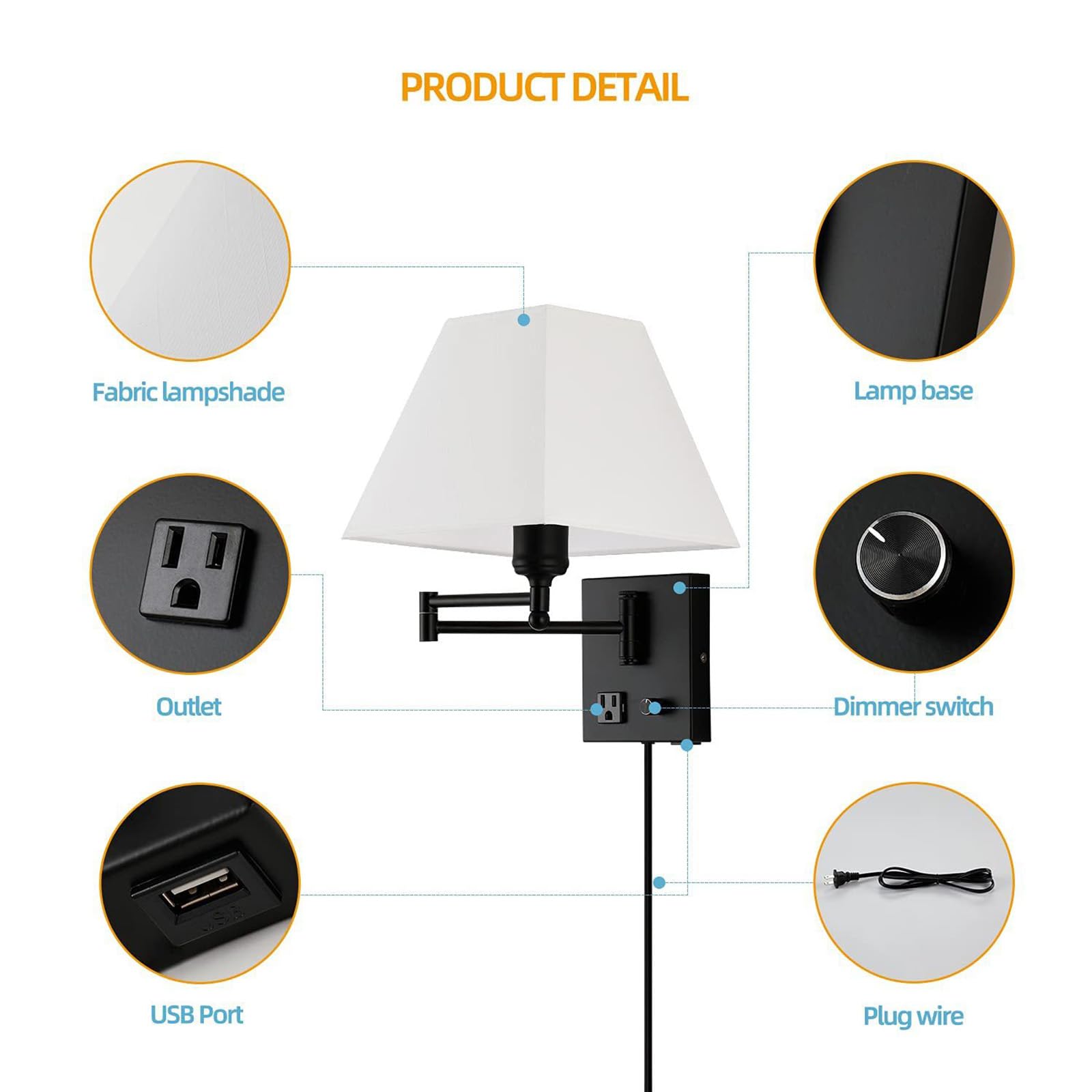 Bedside Wandleuchte 270° Drehbare Verstellbar Schwenkarm Wandlicht Lampen mit Stecker Kabel Wandlampe mit Schalter Wandbeleuchtung E27 Leselampe Moderne für Hotel Schlafzimmer (Silber,1 Stück)