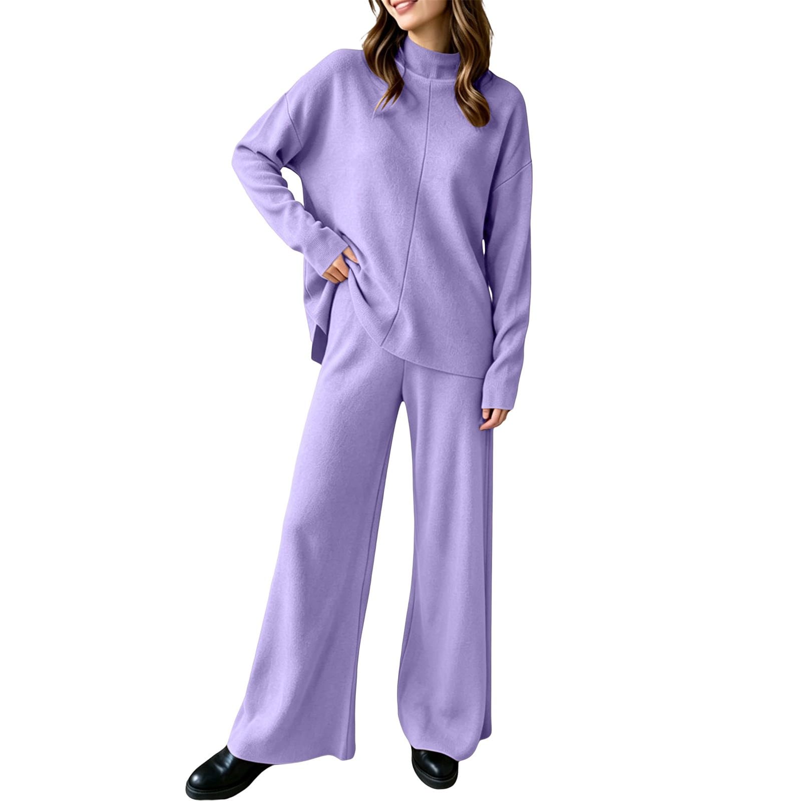 Set da donna in due pezzi, elegante, 2 pezzi, pantaloni lunghi ed eleganti | Maglia a collo alto, tinta unita, con pantaloni dritti, tuta per il tempo libero, morbida e confortevole, tinta unita