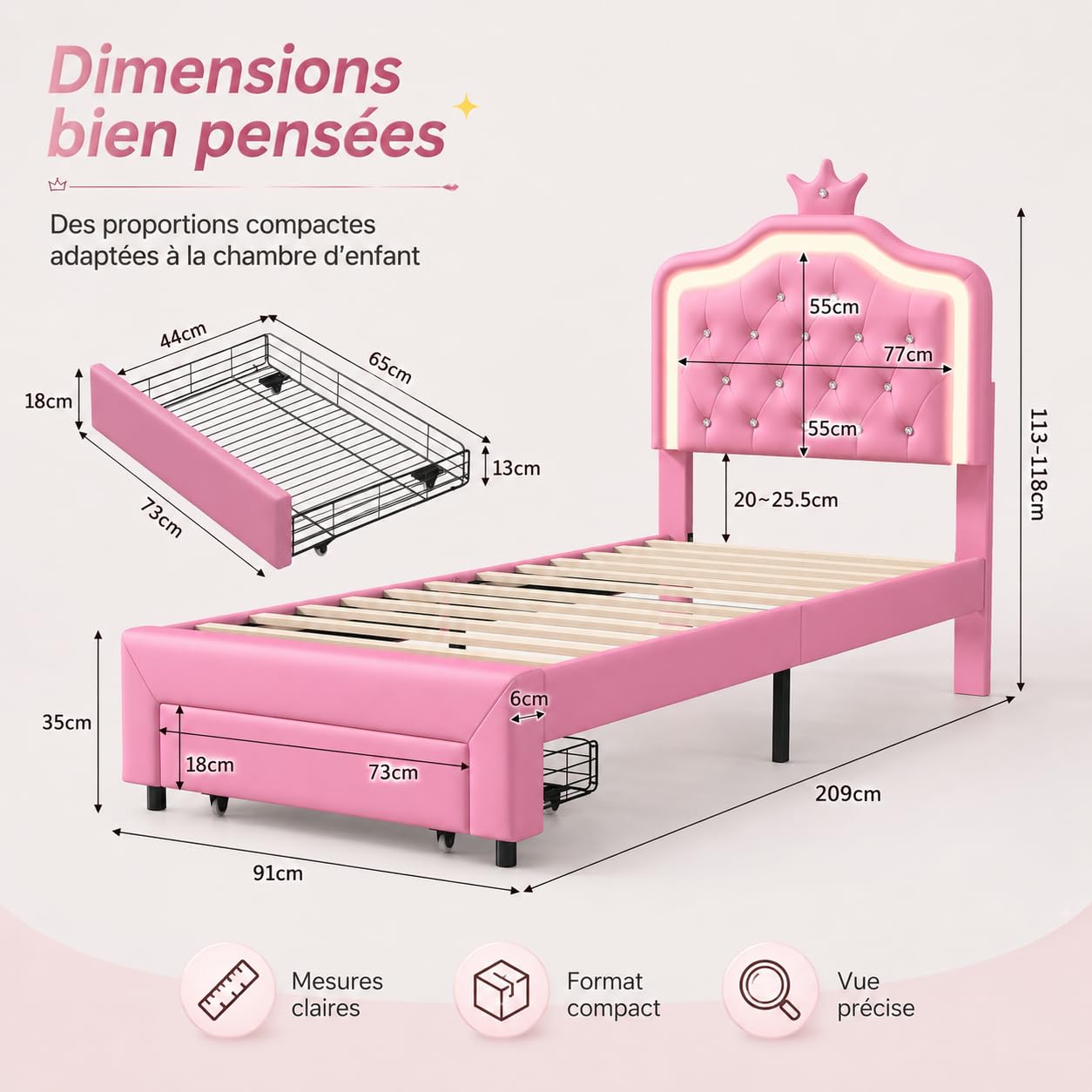 Cama para Niña 90x200 con LED RGB, Regulable en Altura, Cama Individual con contenedor, Cama Infantil, en Forma de Corona, Somier de Láminas de Madera, PU, Sin colchón (Rose-C, 90x200 cm)