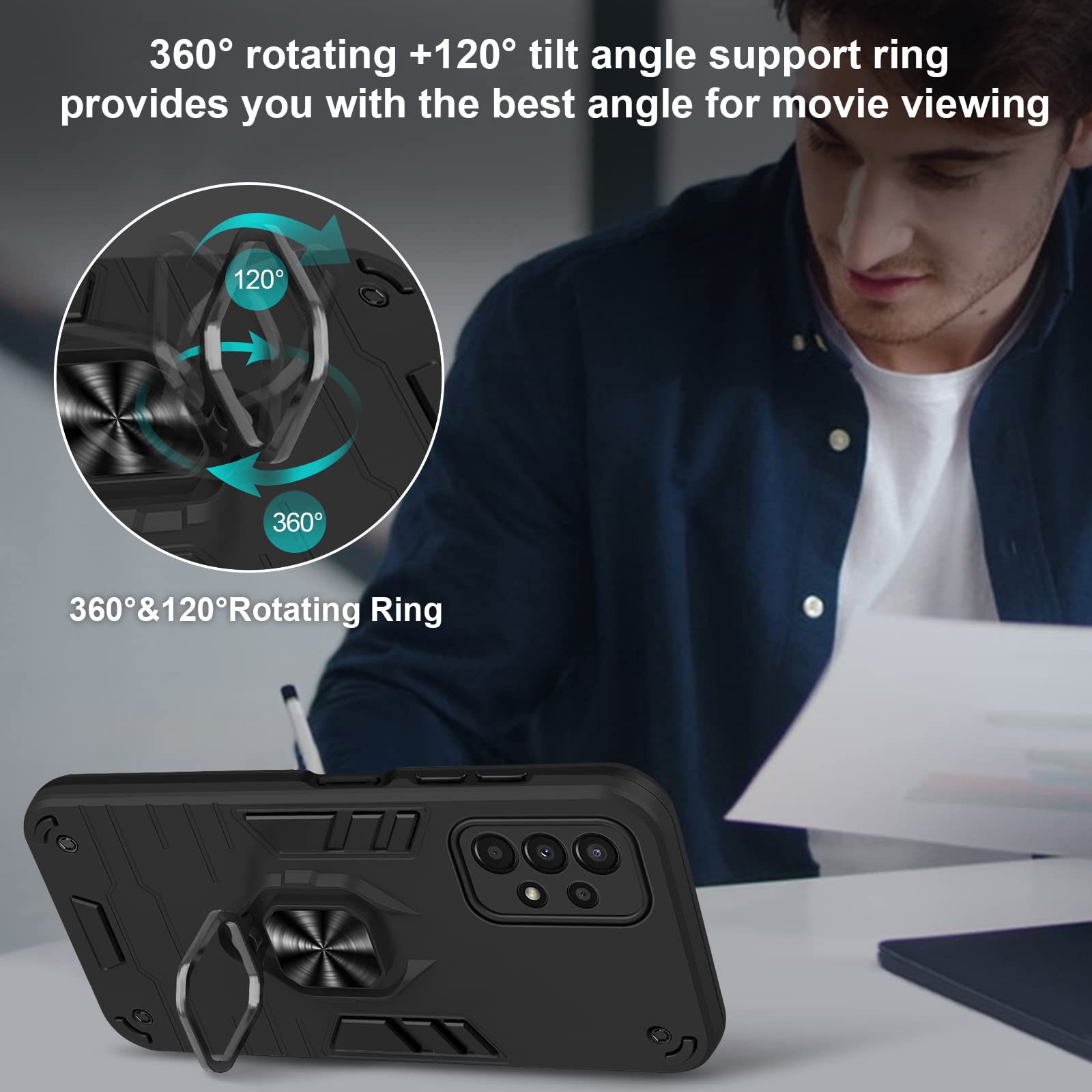 Funda para Samsung Galaxy A13 4G con Cristal Templado Protector Pantalla, Carcasa Antigolpes con Soporte anular metálico, Case Protectora de Grado Militar, Negro — view 2