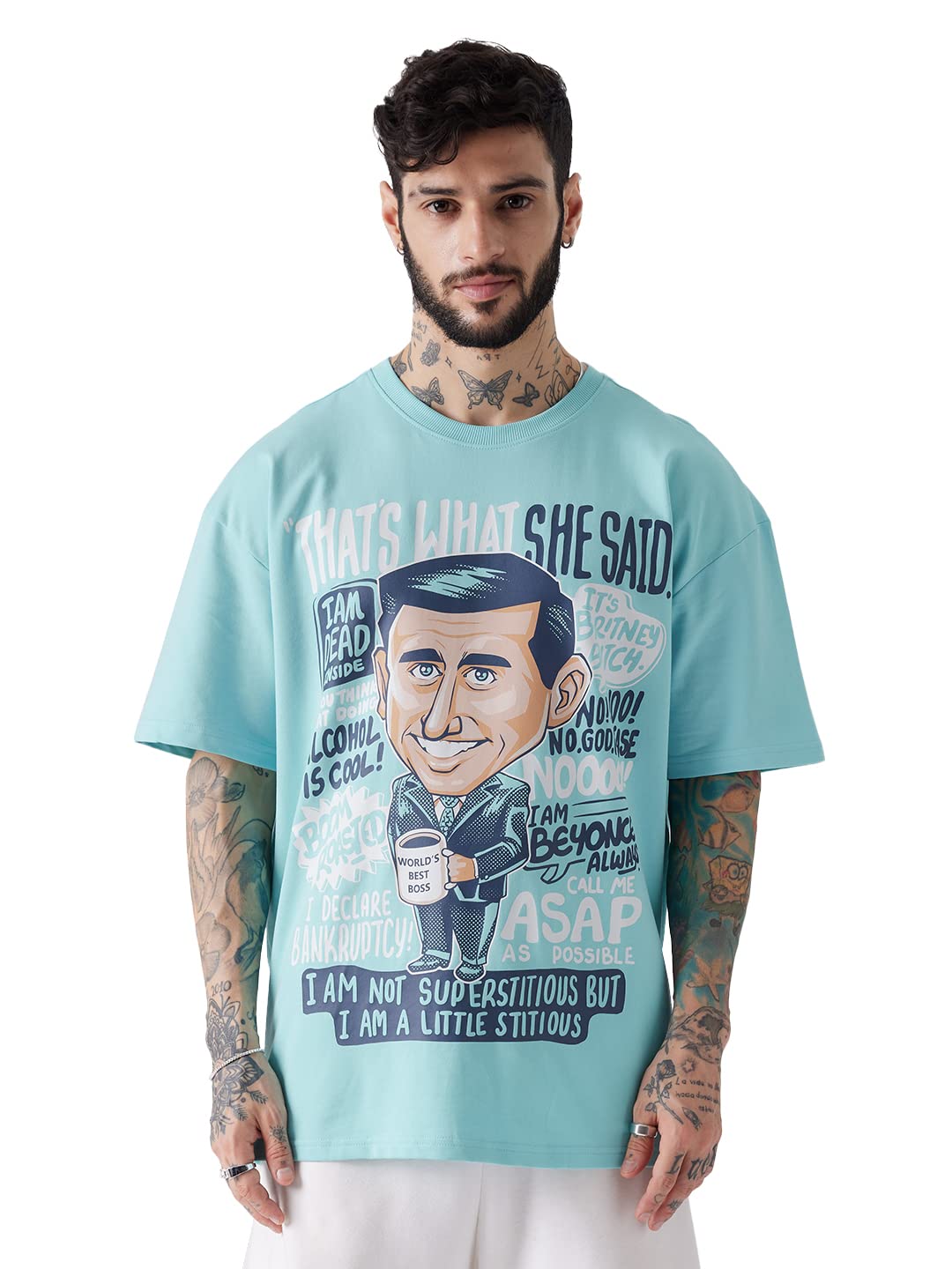 The Souled StoreOfficial The Office: Michael Scott Men and Boys Oversized fit Graphic Printed Half Sleeve Cotton Sky Blue Color Men Oversized T-Shirts