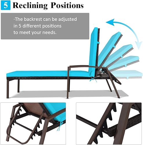 Miniatura 6 de HAPPYGRILL Juego de 2 tumbonas para patio al aire libre, mimbre de ratán, respaldo ajustable, tumbona junto a la piscina con cojines suaves para