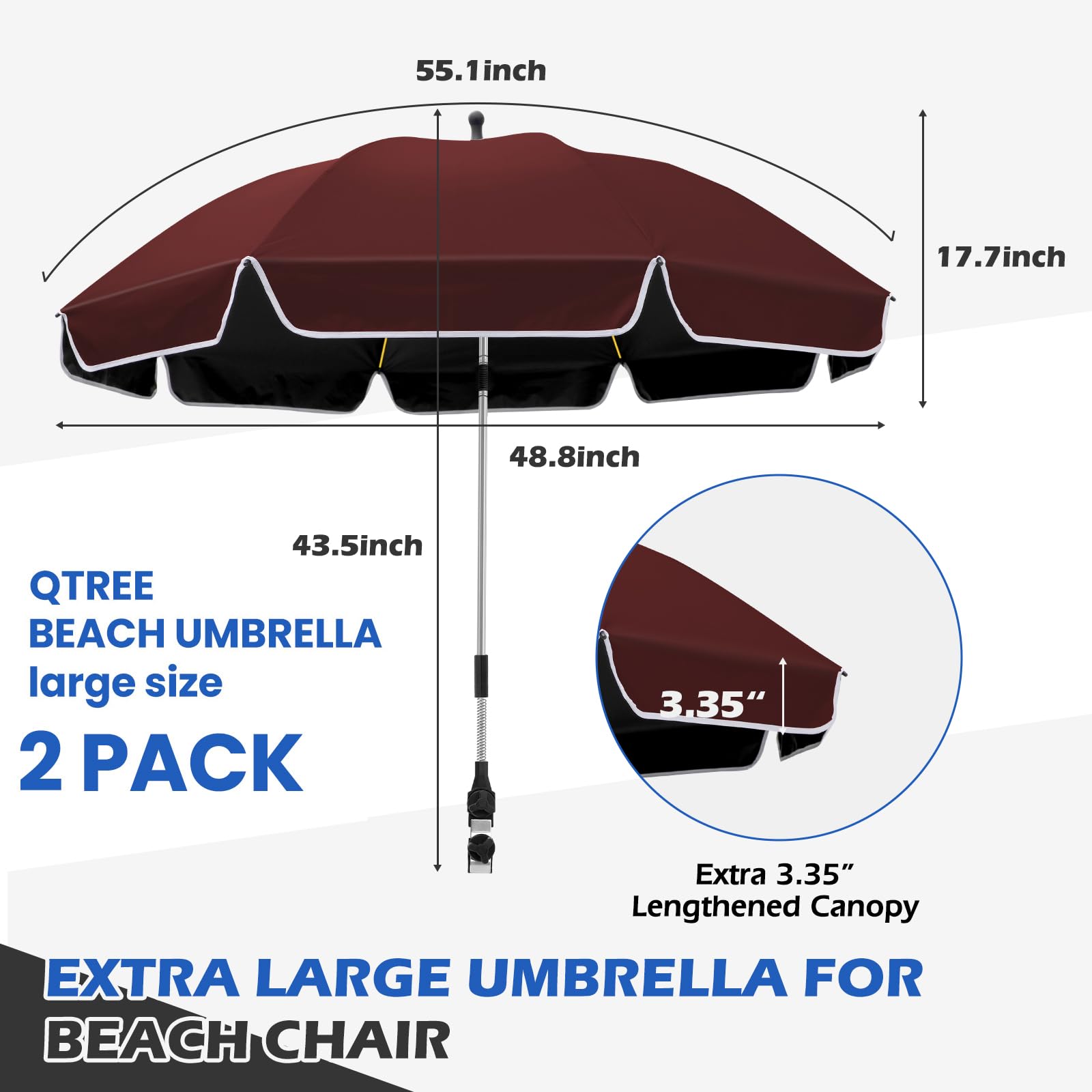 Lot de 2 parasols de 124 cm pour chaise de plage avec pince, protection UV UPF50+, protection solaire rotative à 360°, parasol portable pour chaise de plage, camping, golf