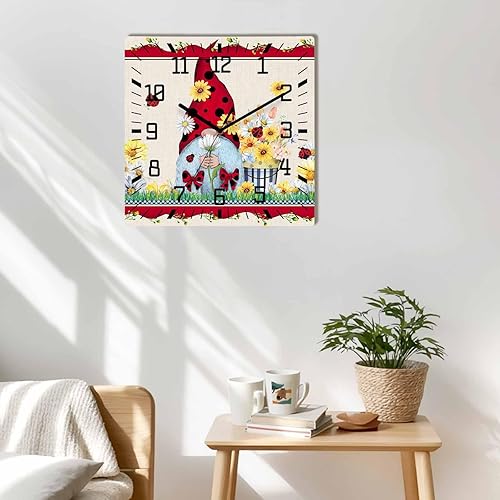 Miniatura 2 de Reloj de pared de madera con gnomos de mariquita, silencioso, sin tictac, para verano, primavera, tulipán, cuadrado, funciona con pilas, reloj