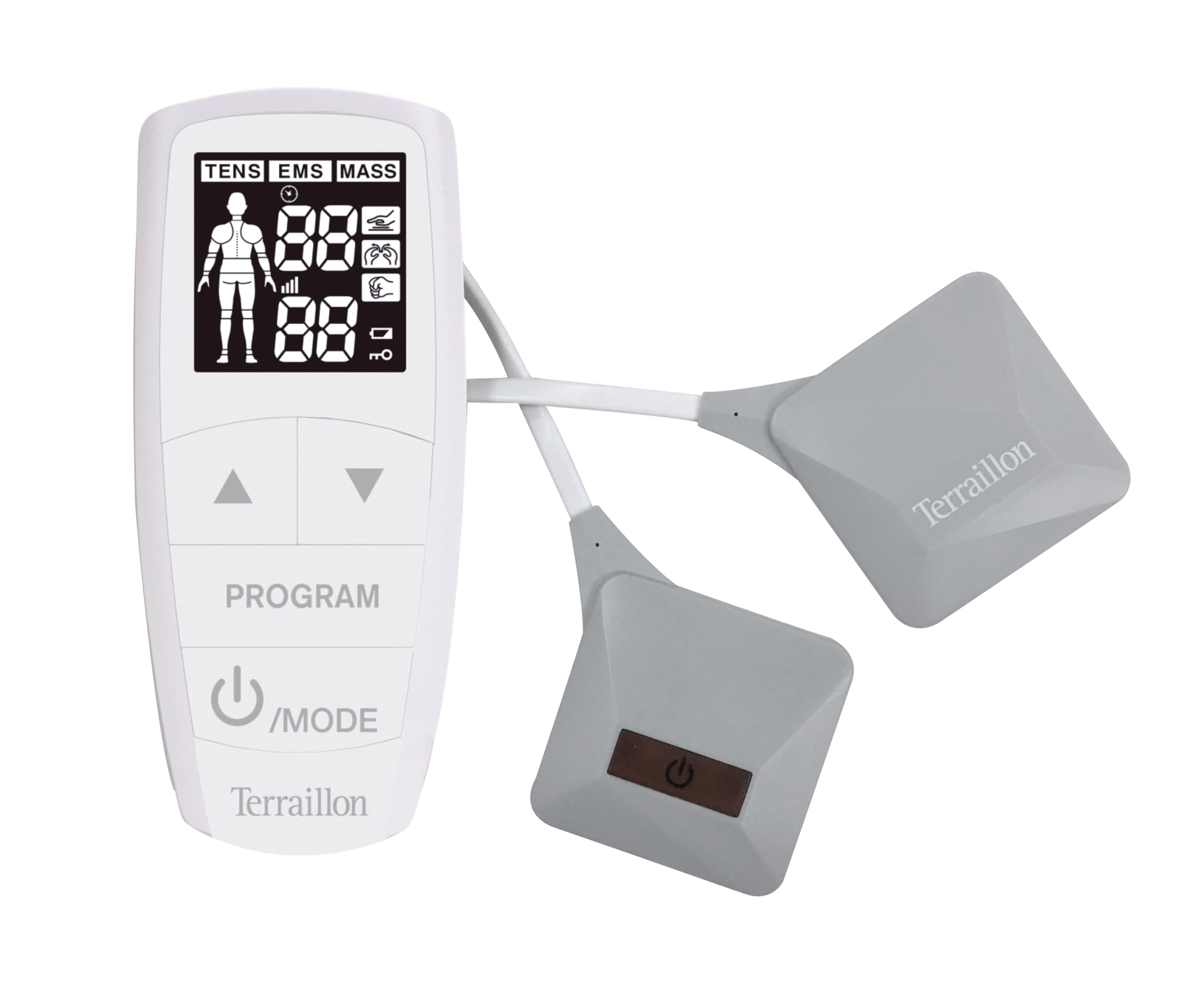 Terraillon Electrostimulation 3 en 1 (EMS/​TENS/​MASS) TRIO CARE PLUS - 14 Prog - 60 Niveaux - Ecran LCD - 2 Electrodes Sans Fils