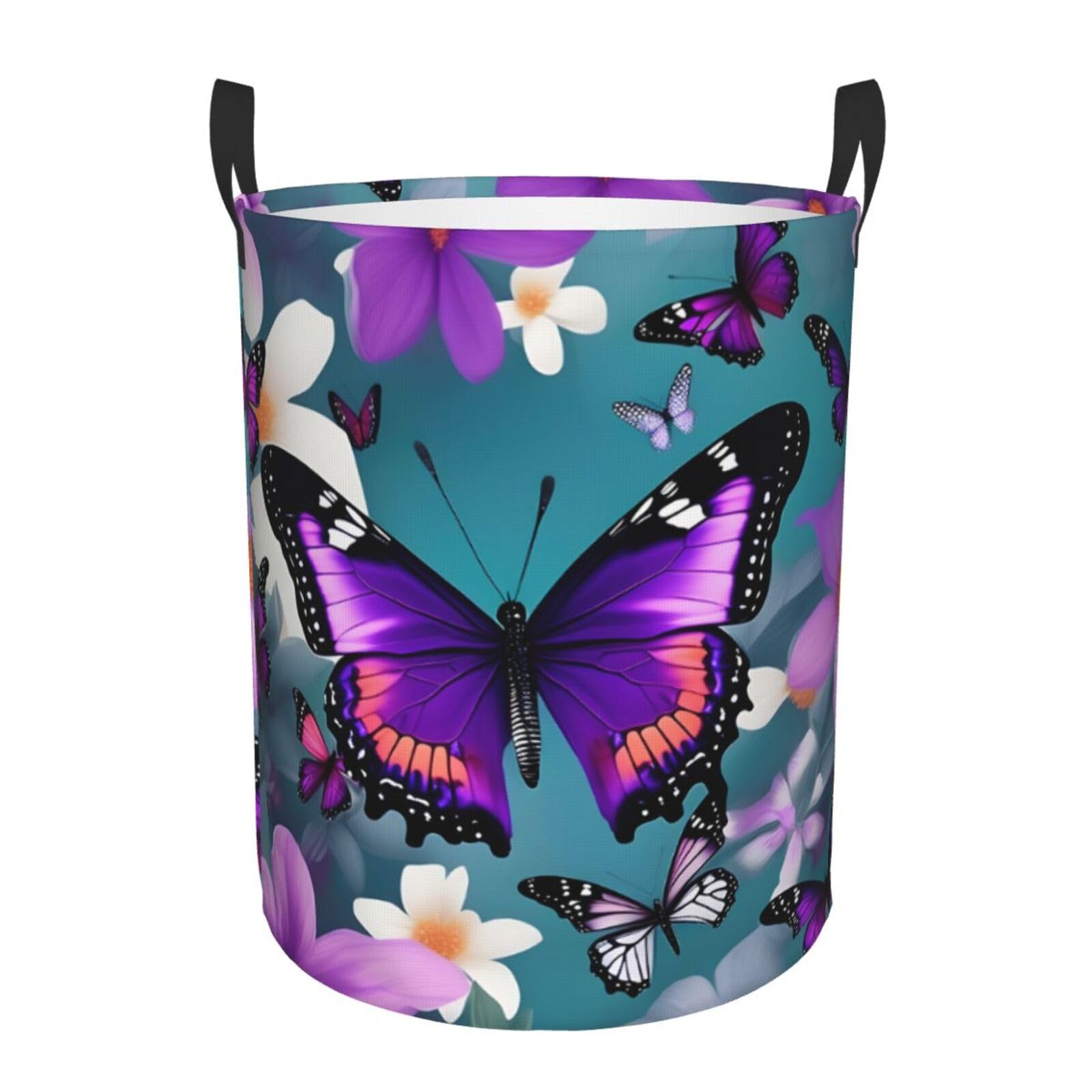 S Collapsible Laundry Hamper Round Purple Butterfly and Flowers Print Storage