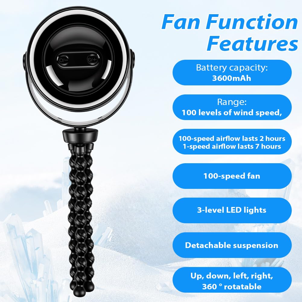 Vicloon Ventilatore Portatile per Passeggino, con Display Digitale e Clip di Fissaggio, Supporto Flessibile per Treppiede, Mini Ventilatore Portatile con Tre Luci e 100 Velocità (Con display， Nero)