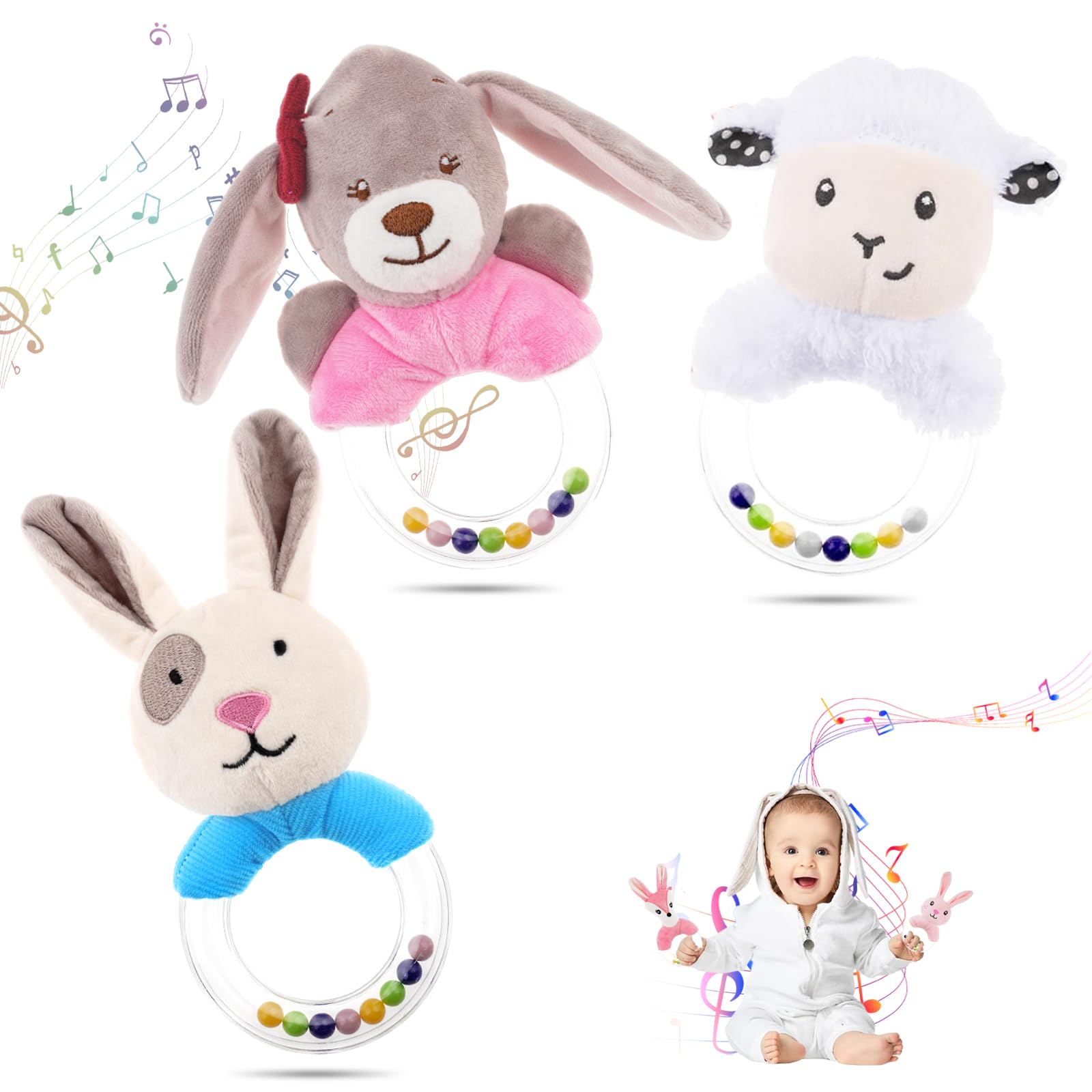 HAGOT 3PCS Baby Soft Rattle Sensory Toys, Baby Rattle Toys 0-12 Months, Newborn Baby Rattle