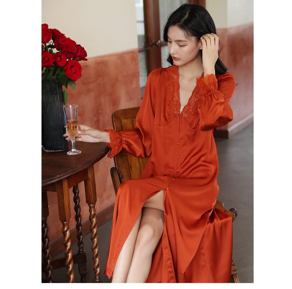 Nachthemd Damen,Damen-Nachthemden, Orange, Satin, V-Ausschnitt, Spitze, Knopf, Schlitz, Sexy Schlafhemd, Weiches, Bequemes, Langärmliges Nachthemd, Loungewear Für Damen, Mädchen, Pyjama-Party, We