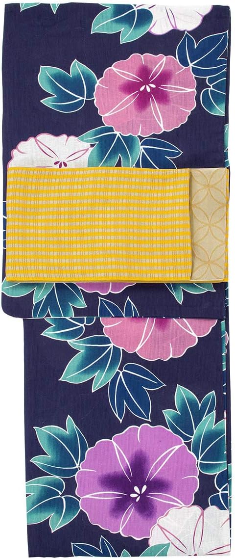 3.新品 5L6L 浴衣単品 紺地に鹿の子文様の流水柄 萩 桔梗 浴衣【3点