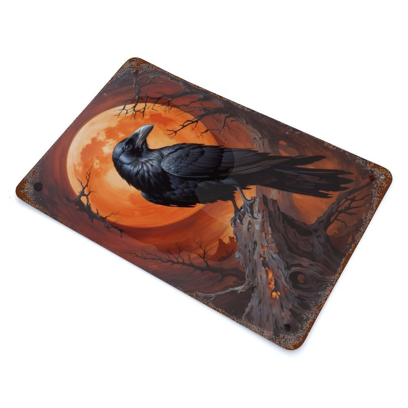 Distressed Metal Wall Sign Moonlit Raven 11.8"x7.9", Retro Wall Decor for Basement, Hobby Room And Garage Decor