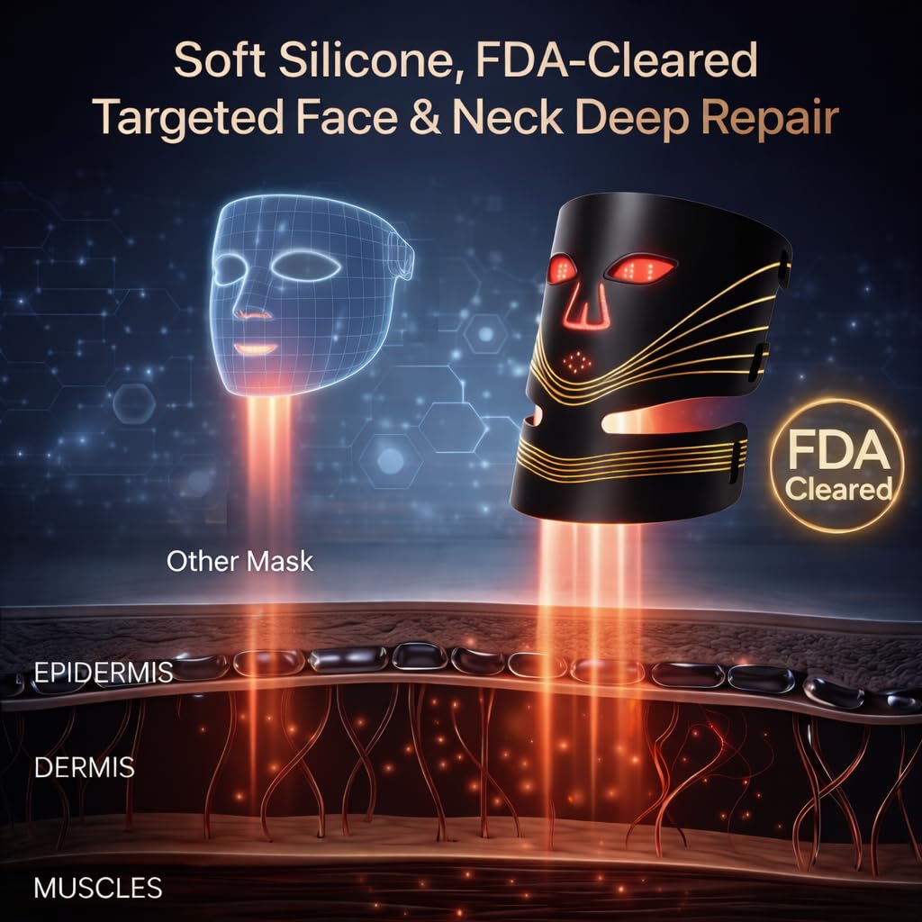 Red Light Therapy Face and Neck Mask - FDA 510 (k) Cleared (K253054) LED Facial Mask for Beauty and Skin Glow | 3 Light Modes, Soft Silicone Rechargeable