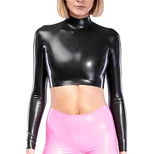 Latex Tops for Women with Back Zip High Collar Black Latex T-Shirt with Long Sleeves
