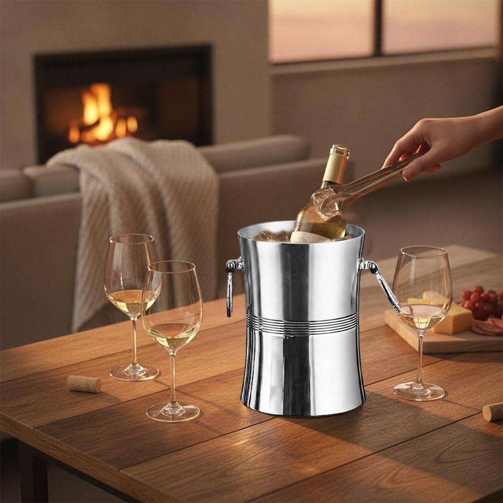 Cubitera De Acero Inoxidable De 3 litros con Asas, Doble Capa, para Vino, Bebidas, Cerveza Y Cócteles, Ideal para Bares, Fiestas Y Karaokes.