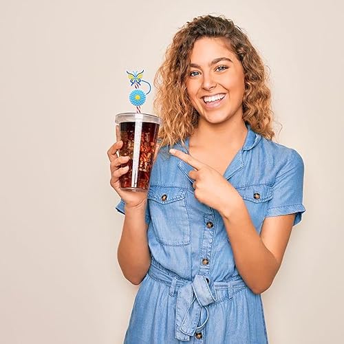 Miniatura 6 de CEWEWP Tapa de paja con diseño de flores de mariposa, 10 piezas de bonitas puntas de popote de silicona reutilizables, adornos para popotes para