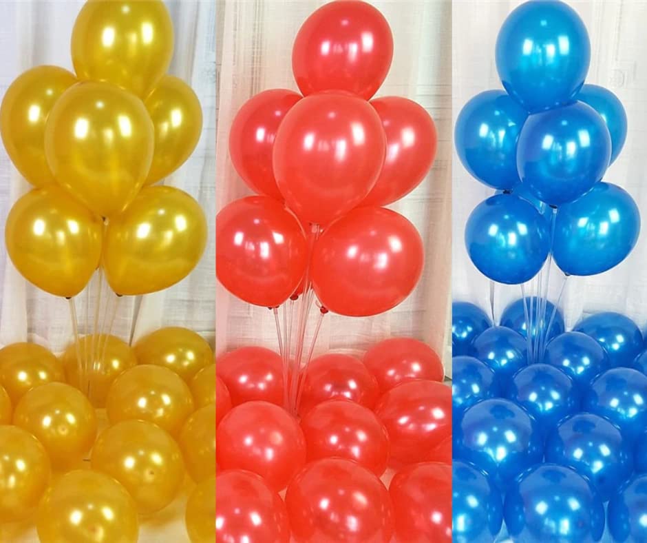 Flyloons Golden Red Blue Balloons Pack of 100 for birthday decoration items also suitable for Anniversary, Wedding, Celebration, Party