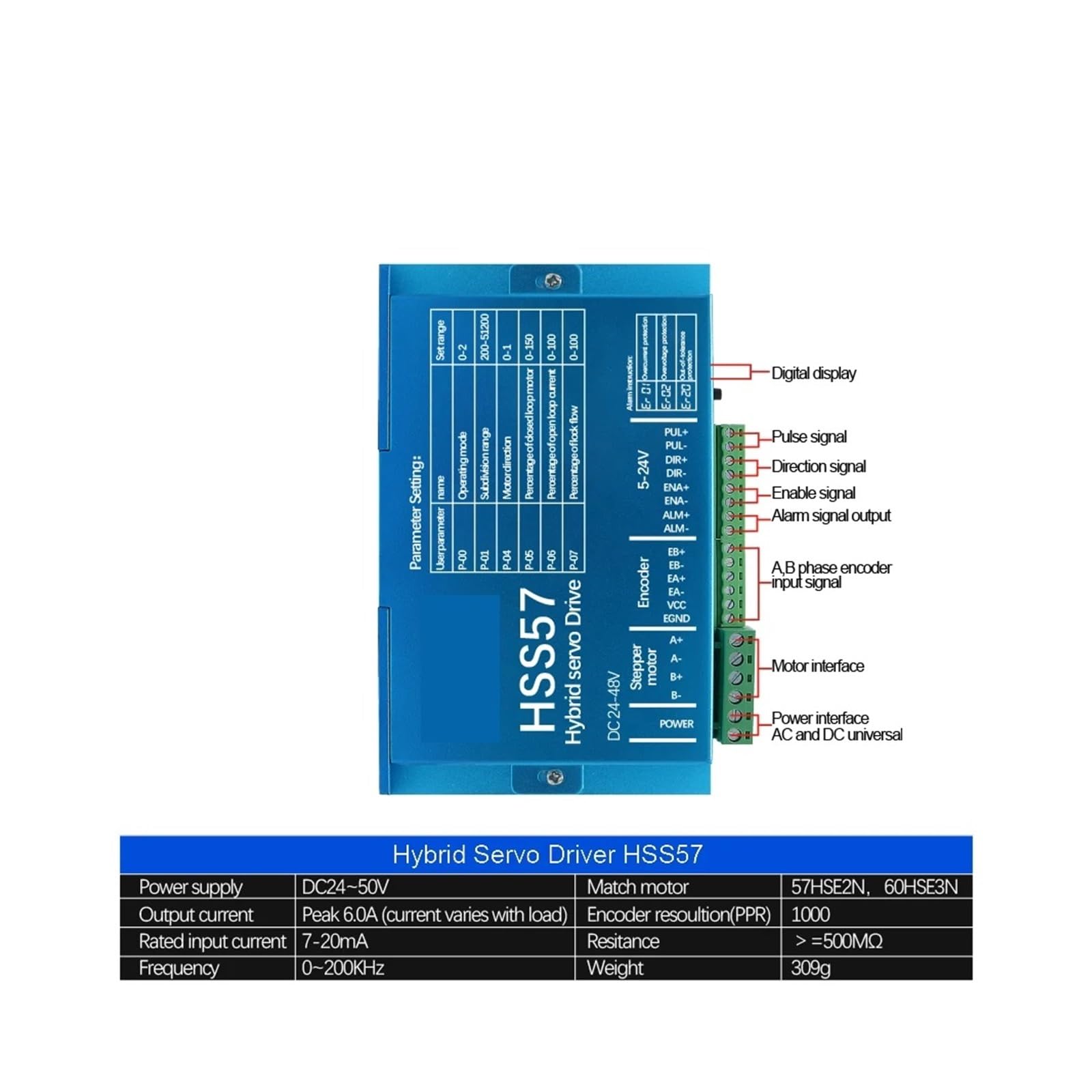 Sterownik serwomechanizmu hybrydowego HSS57 z wyświetlaczem cyfrowym AC20-80V lub DC 24-50V 0-200kHz 6,0A do sterownika CNC silnika Nema23 Nema24 z zamkniętą pętlą Lucky