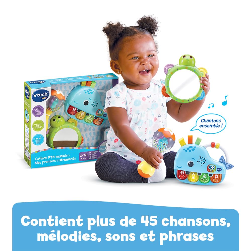 VTech – Estuche de música de Mis primeros instrumentos, primeros juguetes para bebés, piano luminoso e interactivo, pandereta espejo y sonajero Maracas, regalo de nacimiento – Contenido en francés