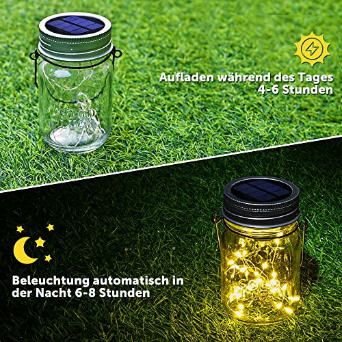 Solpex Solarlaterne für außen, Solarlampe, 6 Stück, Solarglas mit Lichtkette, 180 LED, Laterne hängend, Einmachglas, LED-Glas, IP44 Wasserdicht Gartenleuchte für Garten, Terrasse, Balkon, warmweiß