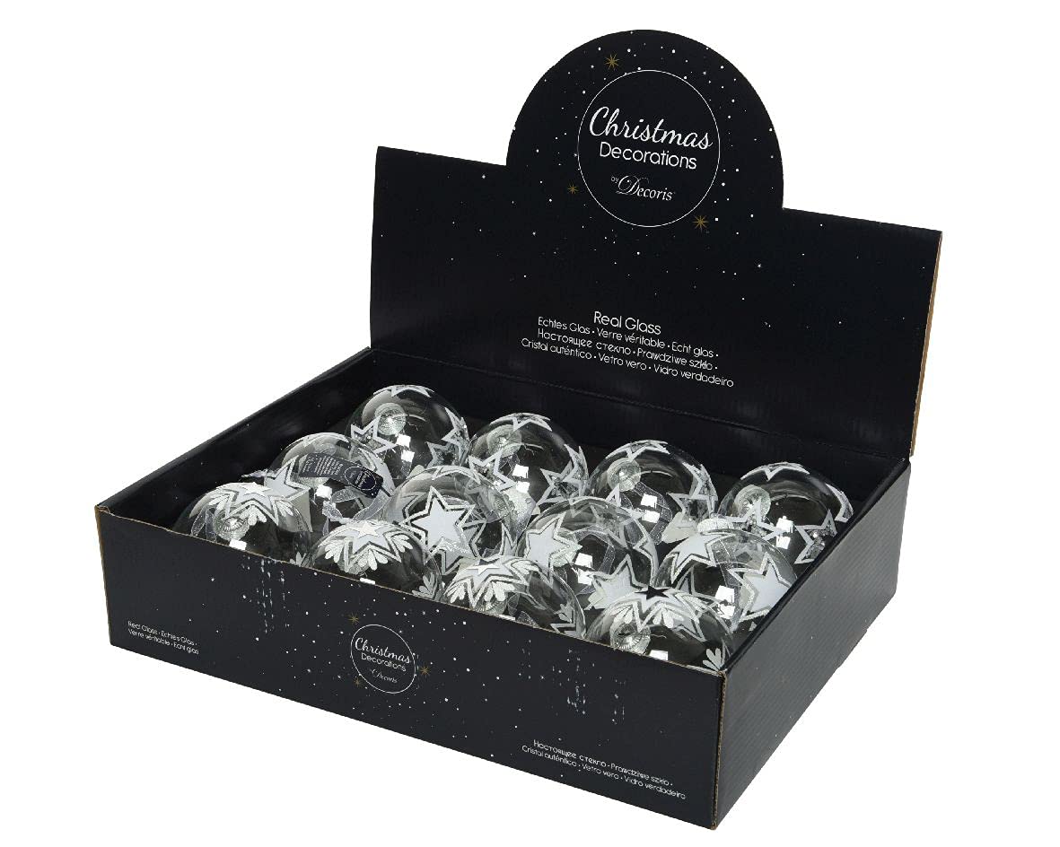 Decoris Bolas de Navidad de cristal con motivos de estrellas, 8 cm x 12 unidades, color blanco transparente