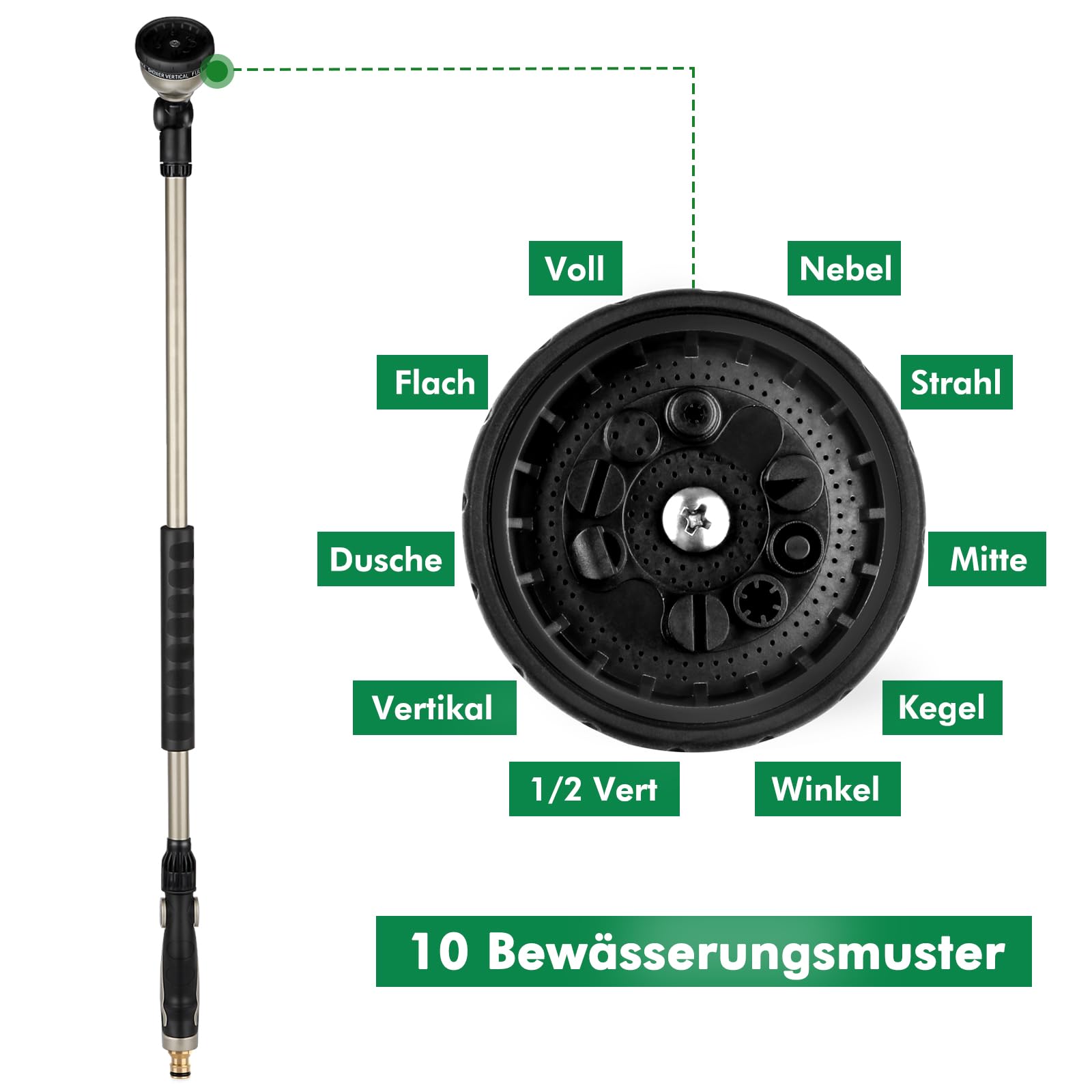 RESTMO 92 cm Untra Langer Gießstab, Gartenbrause Metall mit 180° schwenkbaren Kopf | 10 Sprühmustern | Daumenflusskontrolle | Bewässerung Zauberstab zum für Blumenampeln und Sträucher