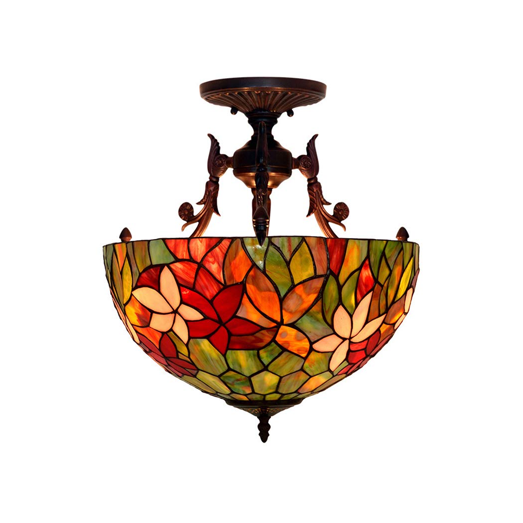 HJRegaFimu Ceiling Fixture Lamp 16 Inch Vintage Flowers Stained Glass Shade E27 3 Lights Pastoral For Bedroom (tulip)