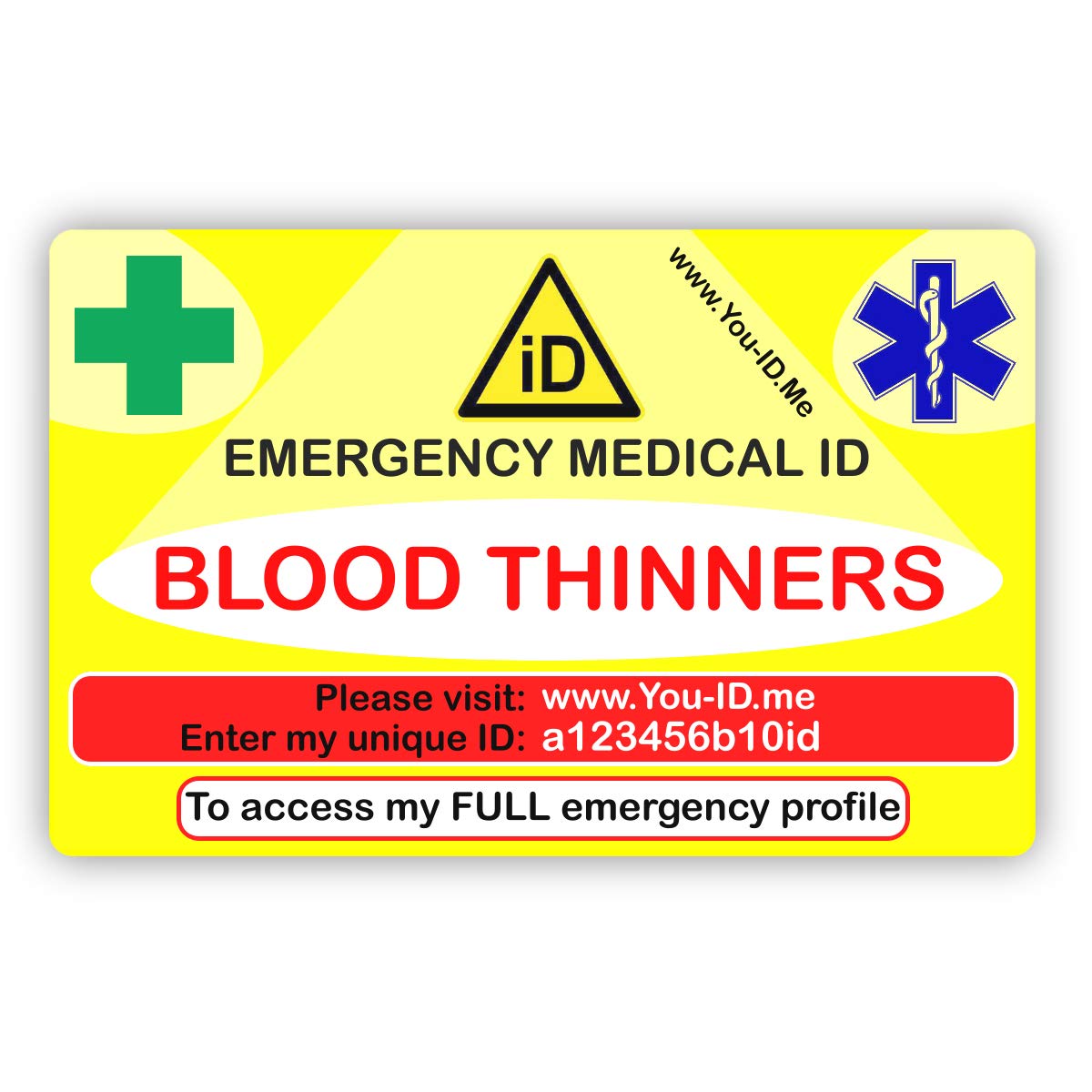 Medical Alert Card, Emergency ID, Medical Identity Card, Personalised to Your Condition, Awareness of Medications, ID and Contact SMS System Options (Blood Thinners)