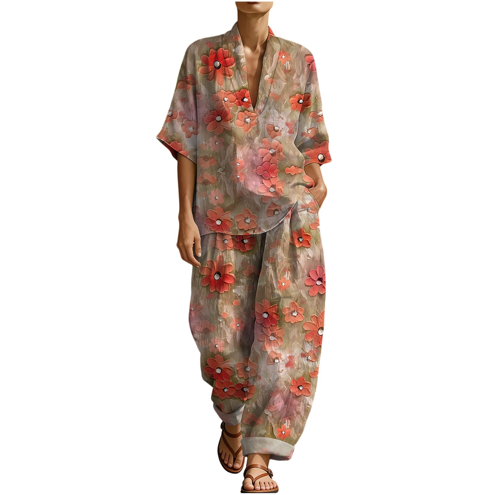 Musselin Zweiteiler Damen Sommer Leinen 2 Teiler 3/4 Ärmel V-Ausschnitt Set Kurzarm Oberteil Baggy Hose Leinenanzug Elegant Loungewear Outfit Luftig für Strand Urlaub und Yoga