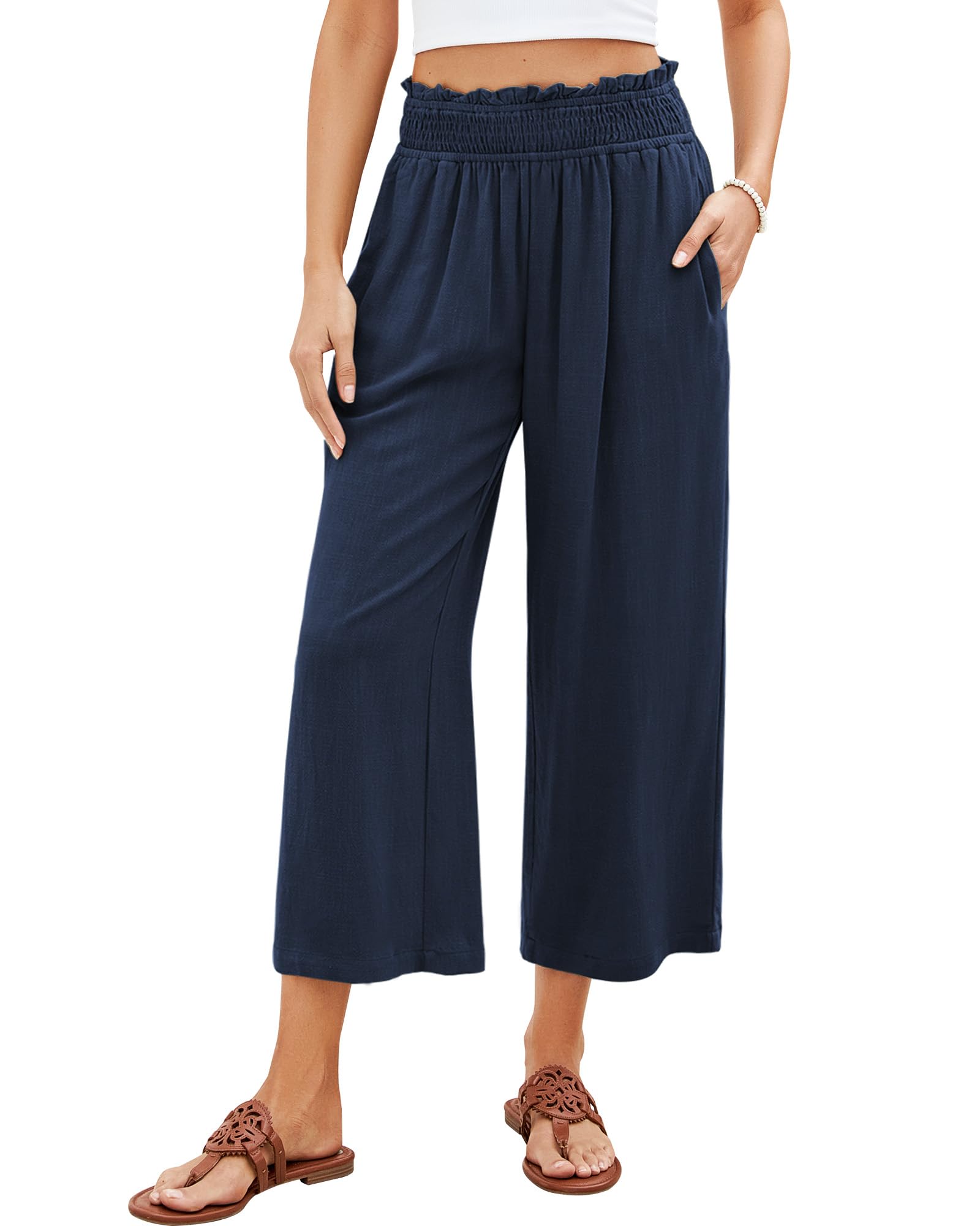 GRAPENT Capri Pants for Women High Waisted Wide Leg Linen Palazzo Trousers Pull On Elastic Smock Waist Loose Flowy Pants