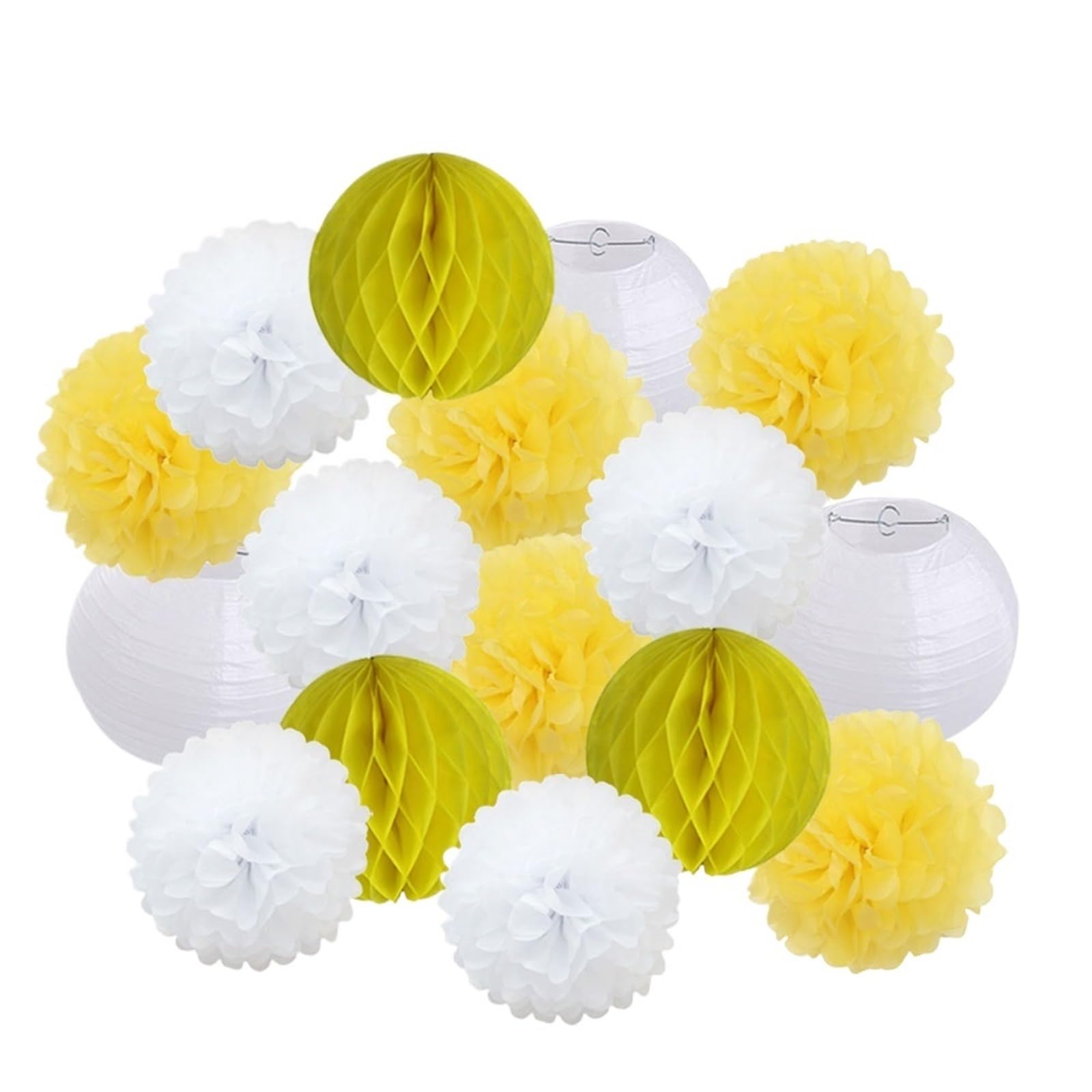 Paper Lanterns Boy Girl Birthday Party Favor Yellow Set Folding Round Paper Lantern Wedding Baptism Decor DIY Tissue Pompom(Yellow White,8inch(20cm))