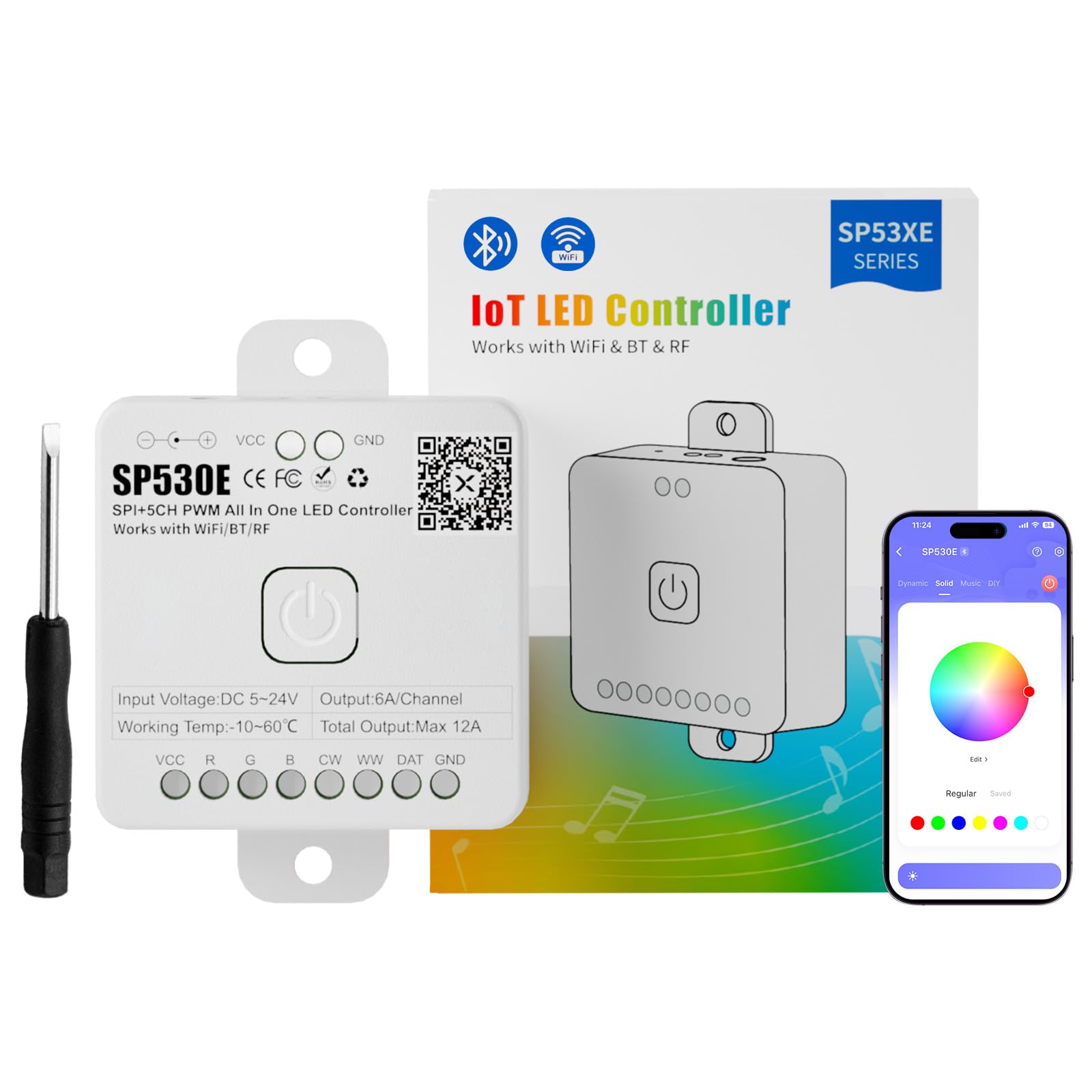 PAUTIX SP530E WiFi Bluetooth LED Controller Alexa/Google 12-in-1 LED Dimmer Support PWM/SPI Single Color CCT RGB RGBW RGBCCT IC LED Strip WS2811 WS2812,for COB/5050 2835 LED Strip Lights DC5V 12V 24V