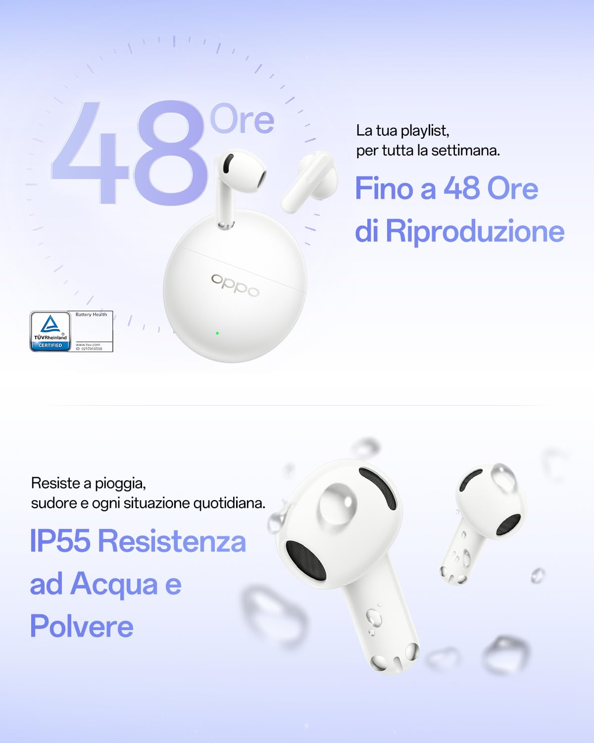 OPPO Enco Air5s Auricolari wireless semi-in-ear con cancellazione rumore adattiva, tre microfoni per chiamate IA nitide, Bluetooth 6.0, autonomia totale 48 ore con custodia ricarica, Lunar White