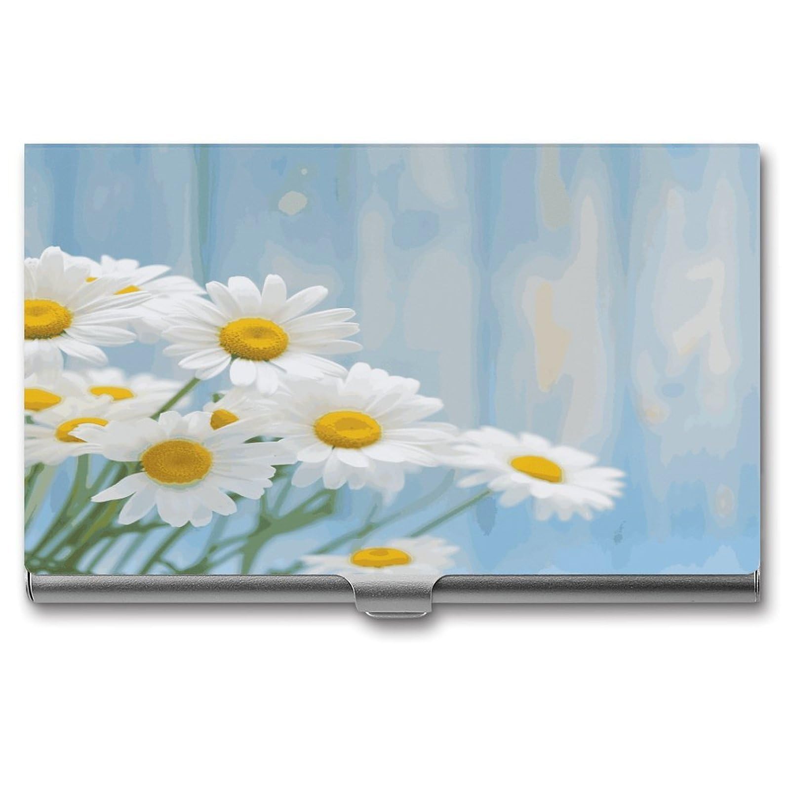FekiLoot Elegant Spring Daisy Flowers Business Card Holder for Men Women Metal Slim Organizer Business Card Carrier Wallet Name Cards Holder Retro Slim Pocket Purse Small Portable Card Case