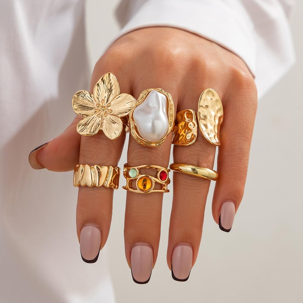 Lot De 6 Bagues Dorées Y2K Pour Femme - Motifs Yin Yang, Marguerite, Papillon, Fleur, Style Minimaliste, En Métal