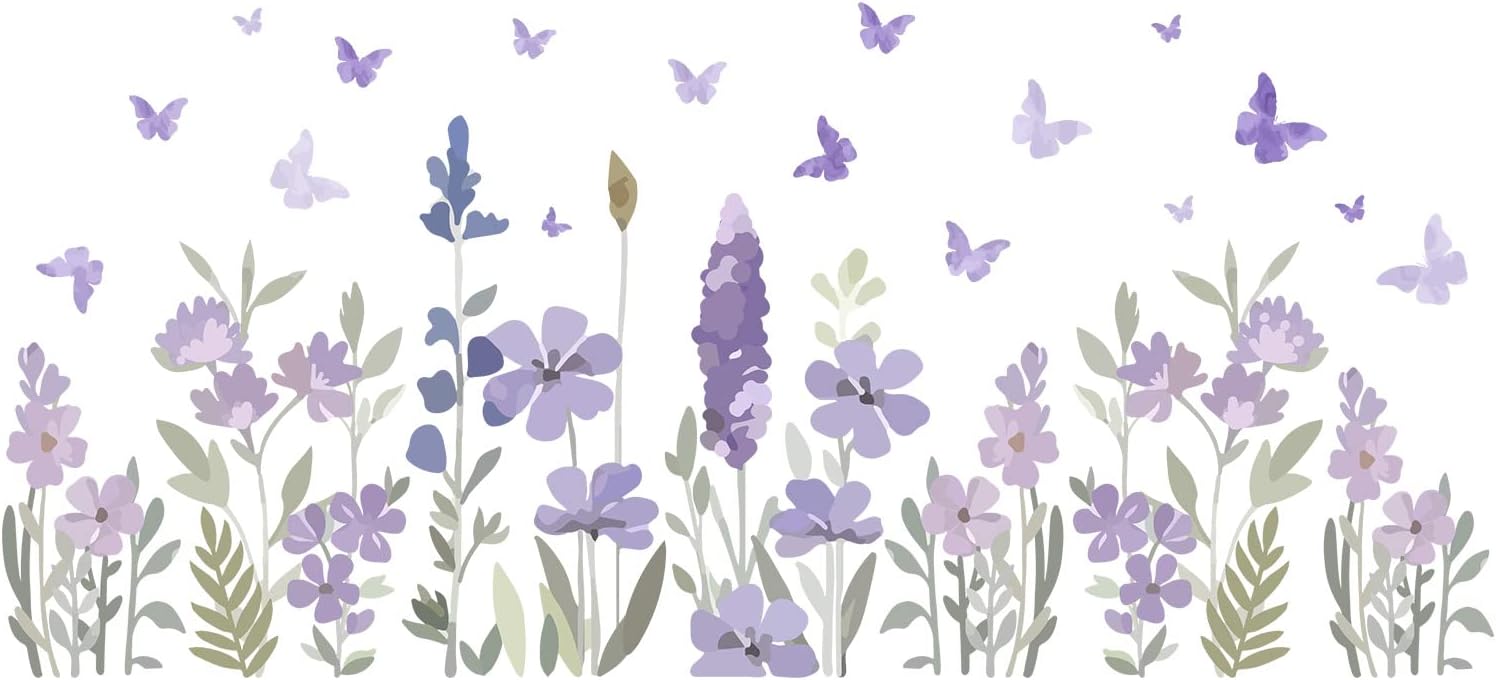 SUPERDANT Flowers Large Wall Stickers Purple Flowers Butterfly Vinyl Removable Peel and Stick Wall Decals Art Picture Decorations Decor for Girls Bedroom Living Room Murals