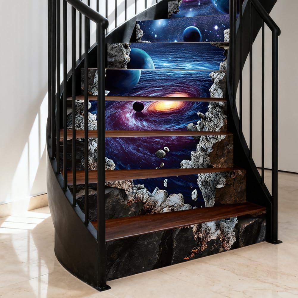 Hpbbspring 15Pcs Staircase Stickers Galaxy Space Planet Tile Stickers Beauiful Universe Self-Adhesive Water Proof Staircase Decor for Steps Garden Coffee Pubs 39.3" W x 7.08" H