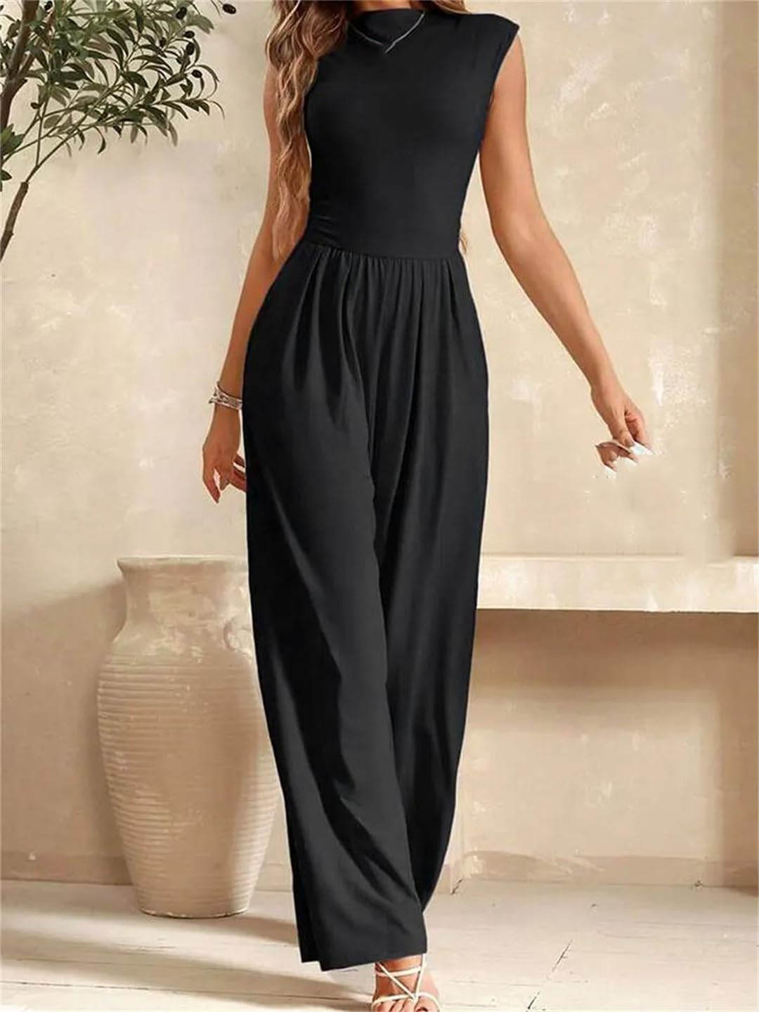 Yeuyyben Overol de verano sin mangas con cremallera y pierna ancha para mujer, estilo casual, ajustado, elegante, para fiestas y salidas nocturnas