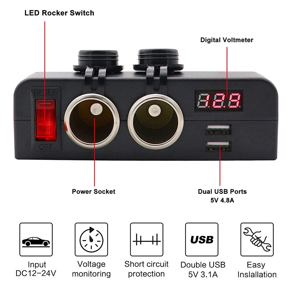 Enchufe del Encendedor de Cigarrillos, Divisor de cigarros 3 en 1 Adaptador de Corriente multifunción del voltímetro del Cargador del Coche del USB
