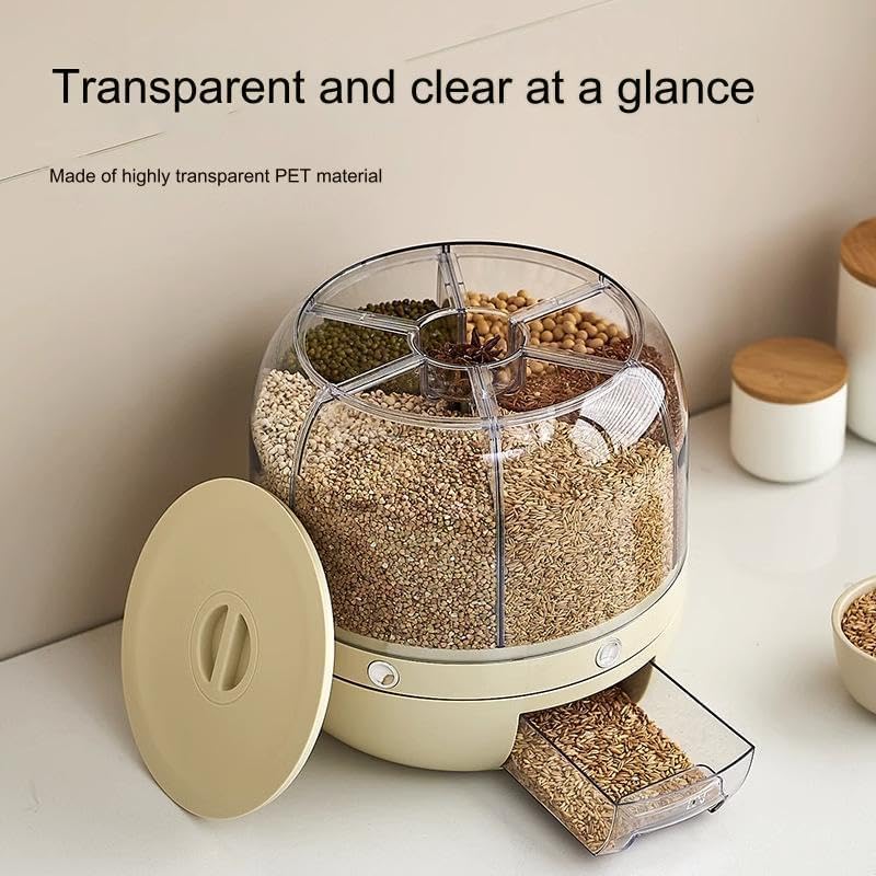 Image of proxin Grain Dispenser, Rotating Rice Dispenser Storage Container, 6-Compartment Dry Food Dispenser with Measuring Cup, Food Storage Containers for Kitchen Small Grains, Beans, Rice
