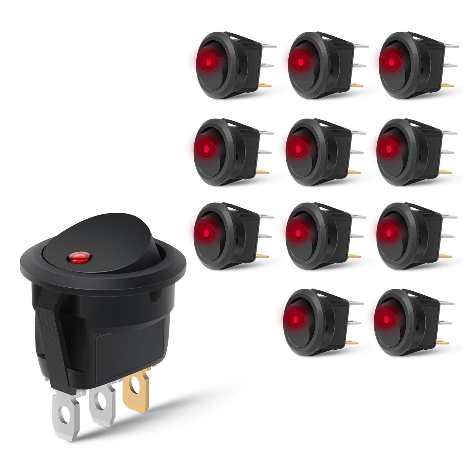 Nilight 12PCS LED Rocker Switch 12V-24V 20A Red Lighted ON Off