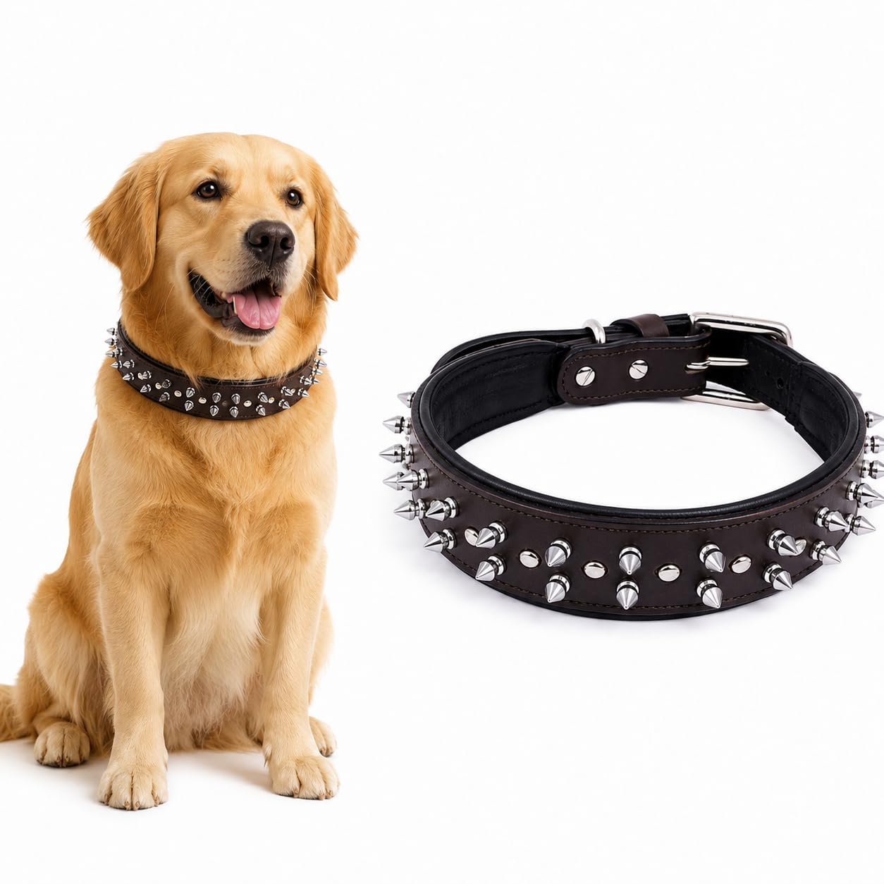 sparrow daughter Genuine Leather Spiked Studded Dog Collar | Adjustable and Stylish Neck Belt for All Breeds - Size :L,Dark Brown, 60 x 50 cm